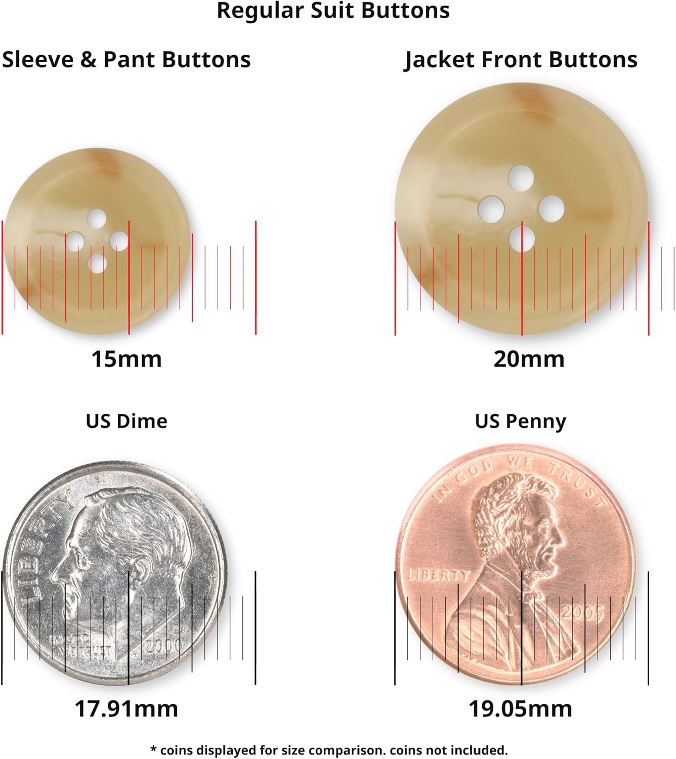 ButtonMode Regular Suit Buttons 16pc Set Includes 4 Buttons Measuring 20mm (3/4 Inch) for Jacket Front, 12 Buttons Measuring 15mm (9/16 Inch) for Jacket Sleeves and Pants, Beige Khaki, 16-Buttons