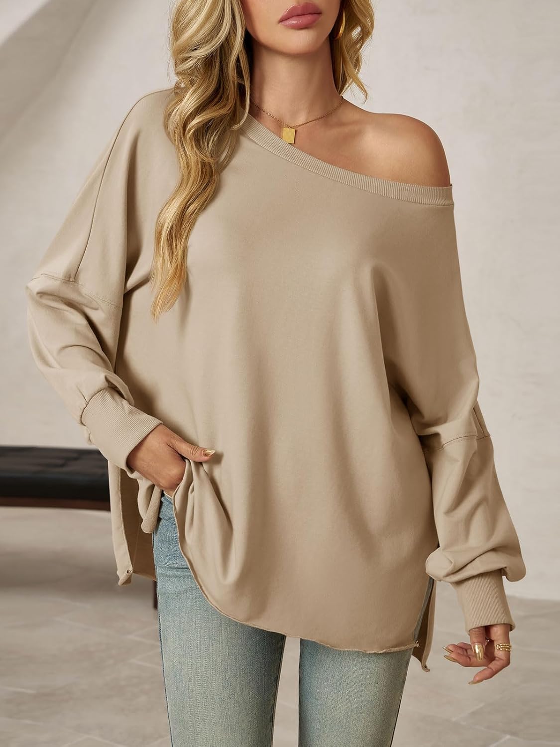 Tankaneo Womens Oversized Off The Shoulder Tops Long Sleeve Trendy Casual T-Shirts Side Slit Loose Fit Tunic Shirts - Image 2