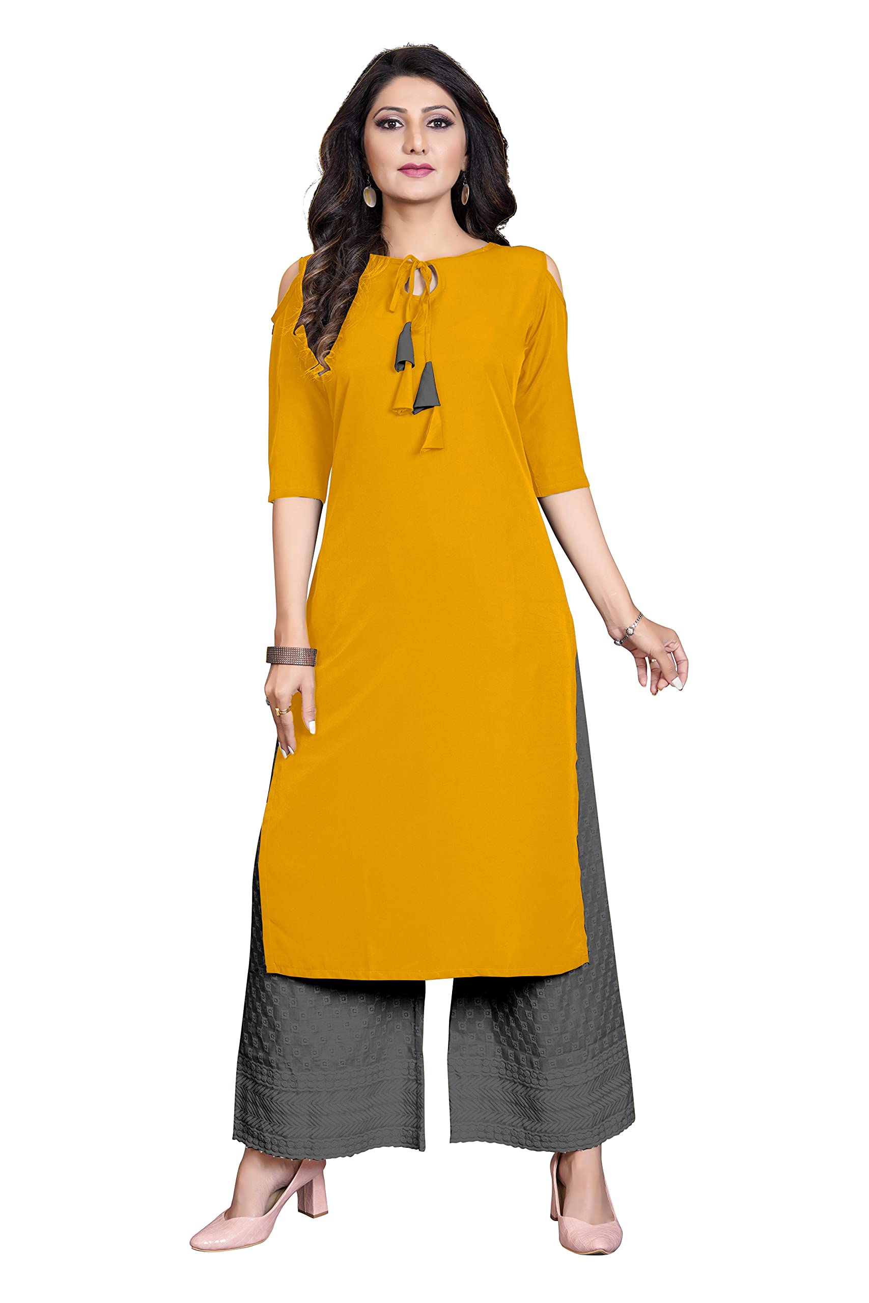 Glance Designs Women's Crepe Solid Cold Shoulder Keyhole Tie Knot Neck Straight Kurta