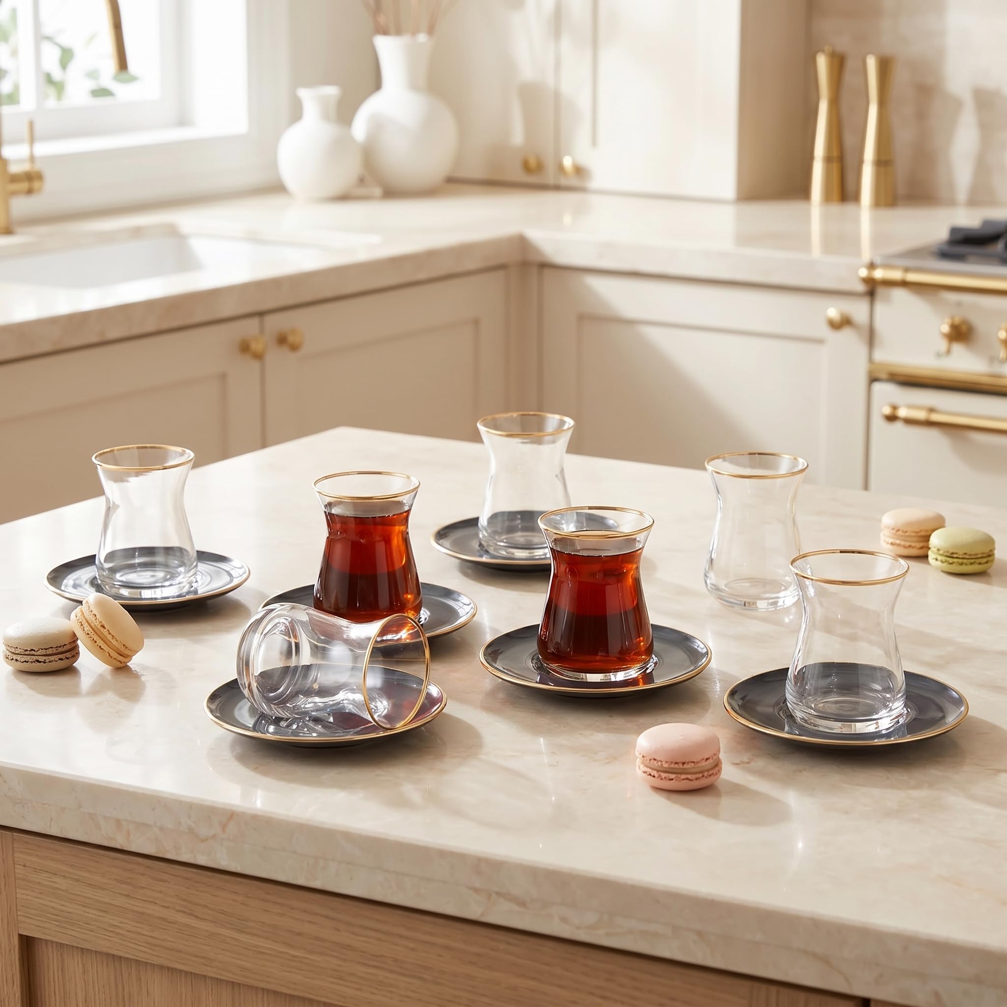 KARACA Retro Anthracite Tea Set for 6 People, Turkish Tea Glasses with Saucers, 12 Pcs, Gold Decal Details