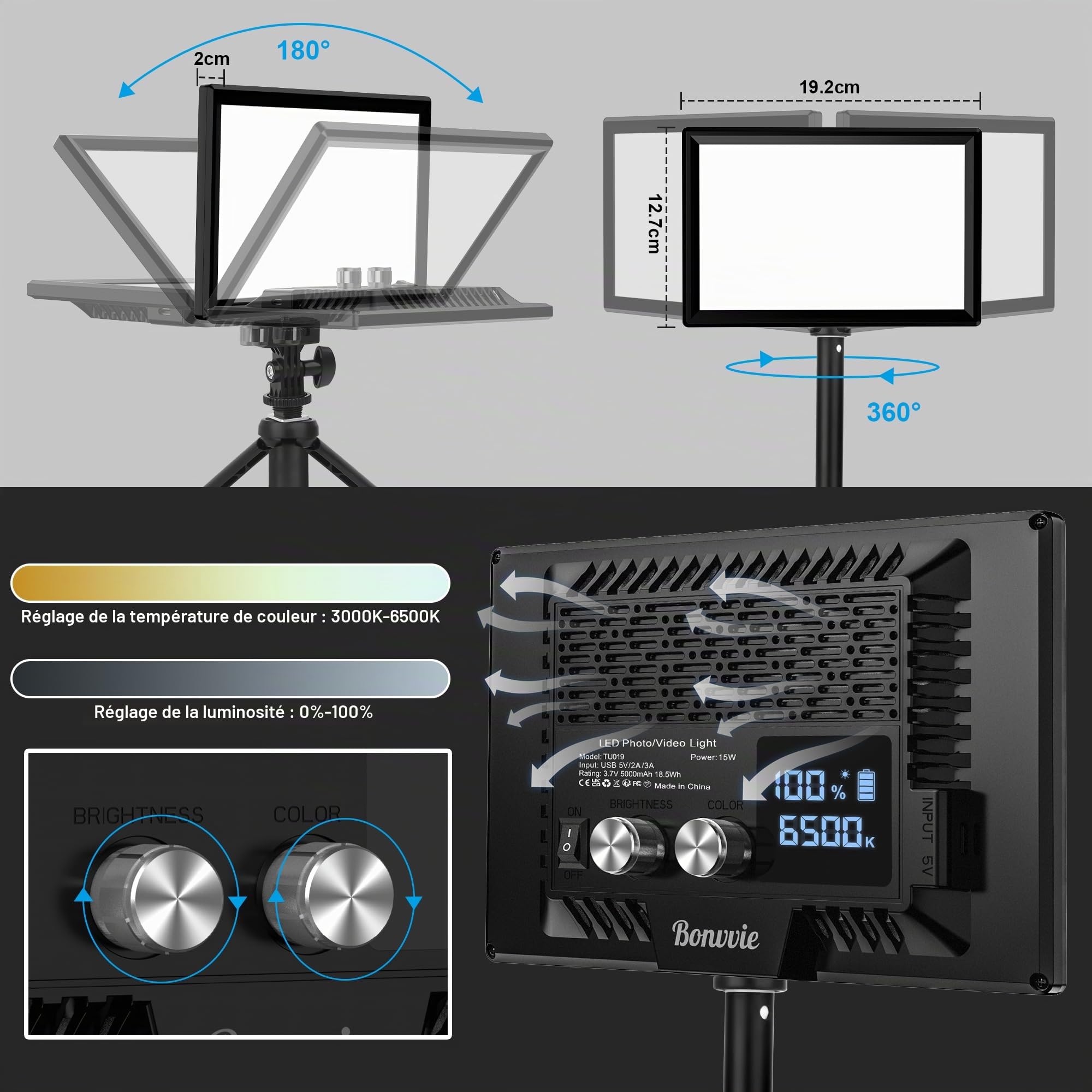 Kit d'éclairage Vidéo LED, Lampe pour Caméra 9" avec Batterie 5000mAh, 3000-6500K IRC 97+, Lumière Douce pour Prises de Vue en Studio et en Extérieur,Vlogs,Appels Zoom,Diffusions en Direct (Améliorée)
