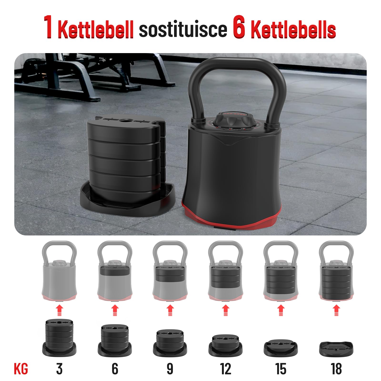 HXD-ERGO Kettlebell regolabile 6 in 1 (3 – 18 kg), peso a cambio rapido, impugnatura larga, bilanciere compatto per la casa e la palestra