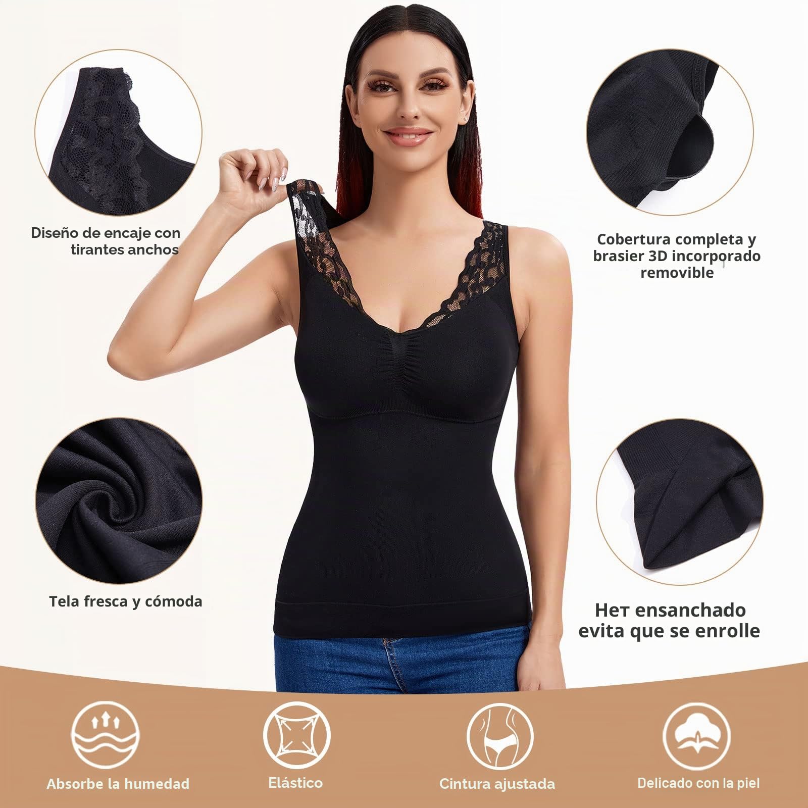 Joyshaper Camisetas Moldeadoras para Mujer Camiseta Reductora Sin Mangas Casual Tops de Encaje con Cuello en V Tank Top con Sujetador Desmontable
