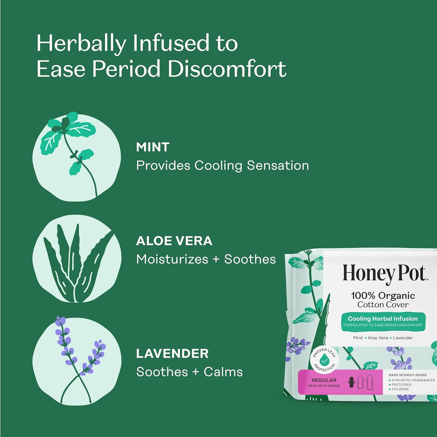 The Honey Pot Company - 80ct - Herbal Sanitary Pads for Women - Regular Flow w/Wings - Infused w/Essential Oils for Cooling Effect & Organic Cotton Cover - Feminine Care - Image 3