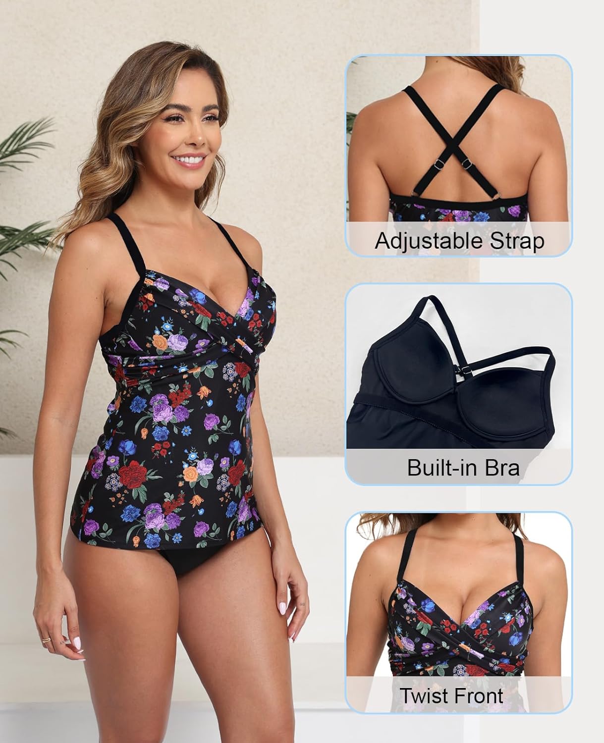 Halcurt Women's Twist Front Tankini Swim Top Only V Neck Loose Fit Bathing Suit Push Up Swimsuit Top - Image 5