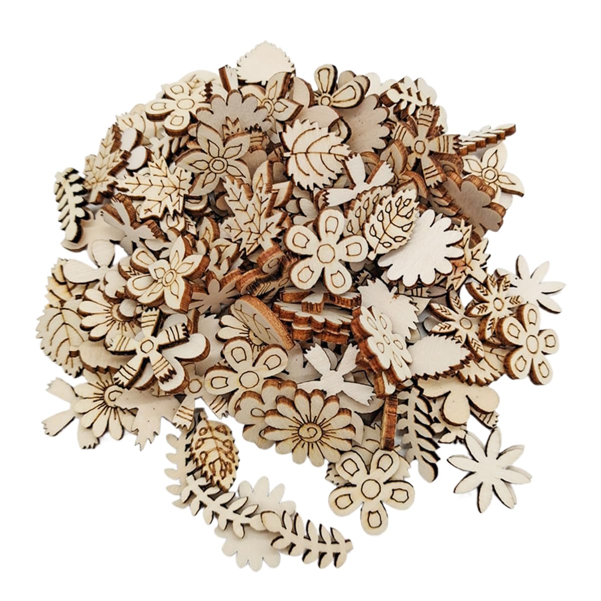 FONGKNOX 100 Pcs Natural Wooden Craft Wood Flower Leaves Crafts Wood Slices Tag Decoupage Embellishments Ornaments for DIY Craft Party Card Making Wedding Decorations