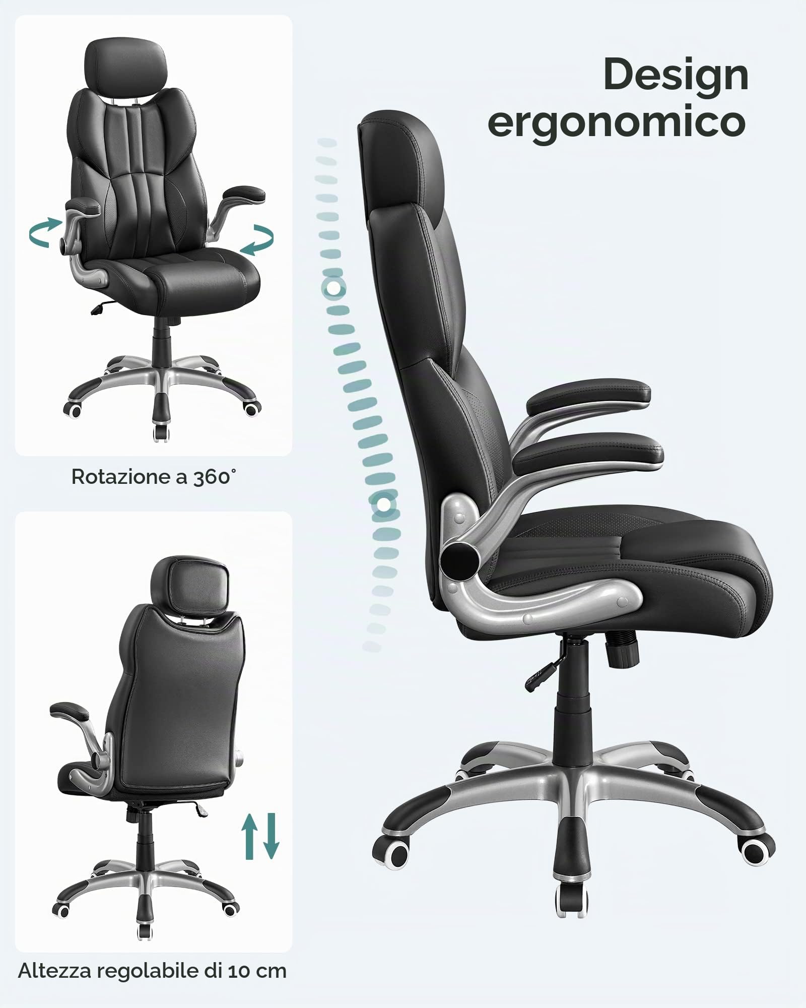 SONGMICS Sedia da Ufficio, Poltrona Girevole Ergonomica, con Braccioli Pieghevoli, Base a Stella in Nylon, Carico Massimo 150 kg, Nero OBG65BK
