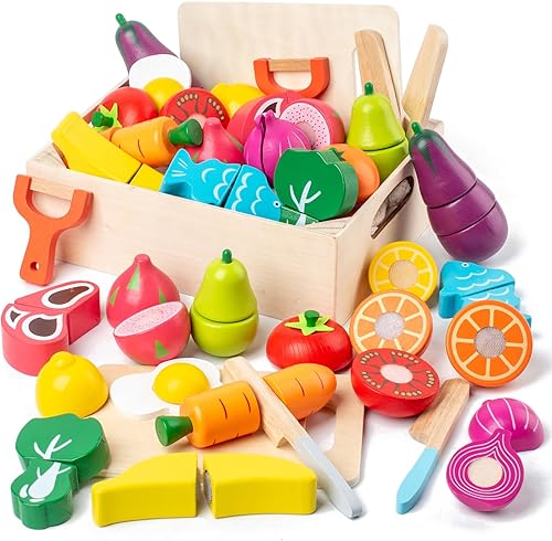 Juego de 32 piezas de alimentos de madera para niños, accesorios de cocina, juguetes educativos Montessori, comida de juego de simulación para niños
