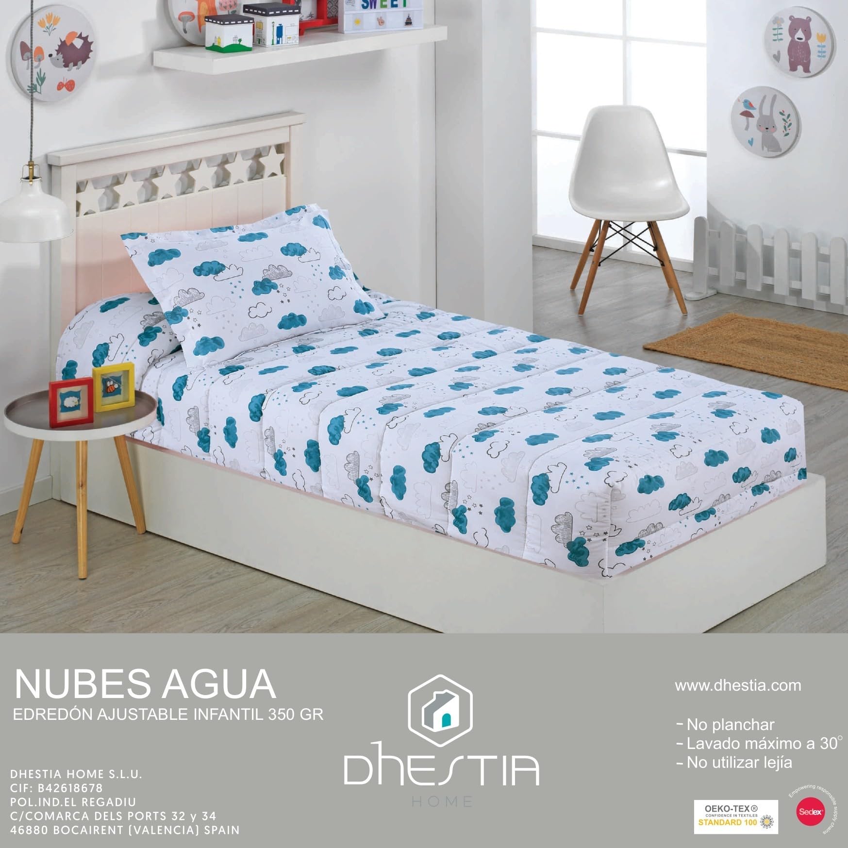 DHESTIA HOME Edredón Ajustable de 350gr Cama 90 Infantil y Cama 105 Nubes Agua Color Único Talla Cama 90