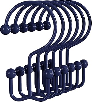Bathway Shower Curtain Hooks Blue Shower Curtain Rings, 12 Pcs Double Hook Shower Curtain Hooks Rings Shower Curtain Hangers Rust Proof, Metal Shower Hooks for Bathroom Shower Curtain Rod