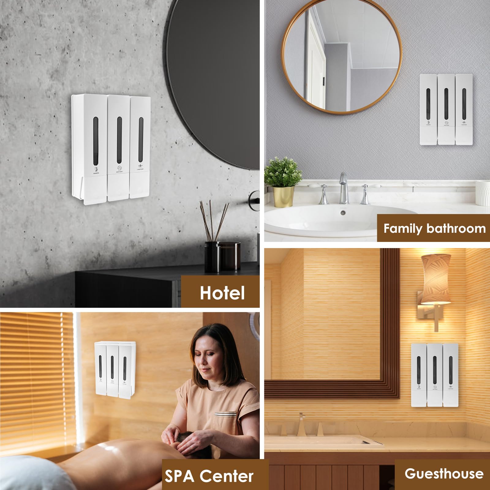 3 dispenser di sapone senza foratura, dispenser per shampoo e balsamo, per bagno, gel doccia, montaggio a parete, 3 dispenser per shampoo da 400 ml, erogazione uniforme di liquidi per sapone liquido e