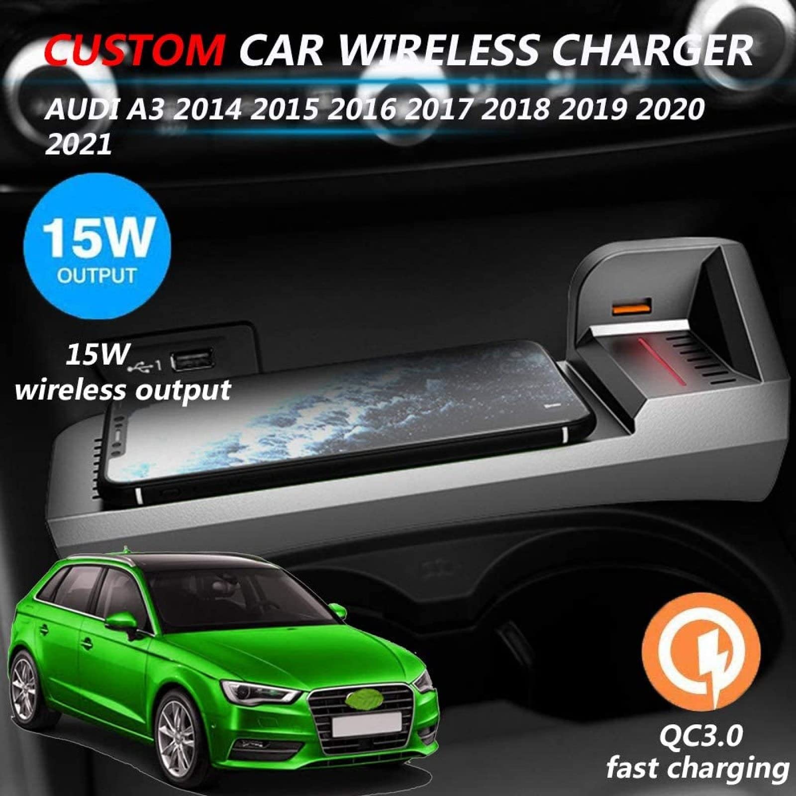 XLARSH Wireless Car Charger for a-u di A3 2014-2021 Centre Console Accessory Panel, with 18W USB-QC3.0 Ports15W Qi Quick Charger Armrest Insert Pallet Storage Box Container for All Qi Phone