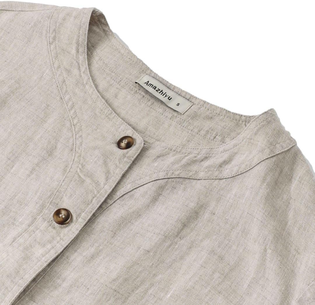 Amazhiyu Women's 100% Linen Long Sleeve Button Up Crew Neck Lightweight Cardigan