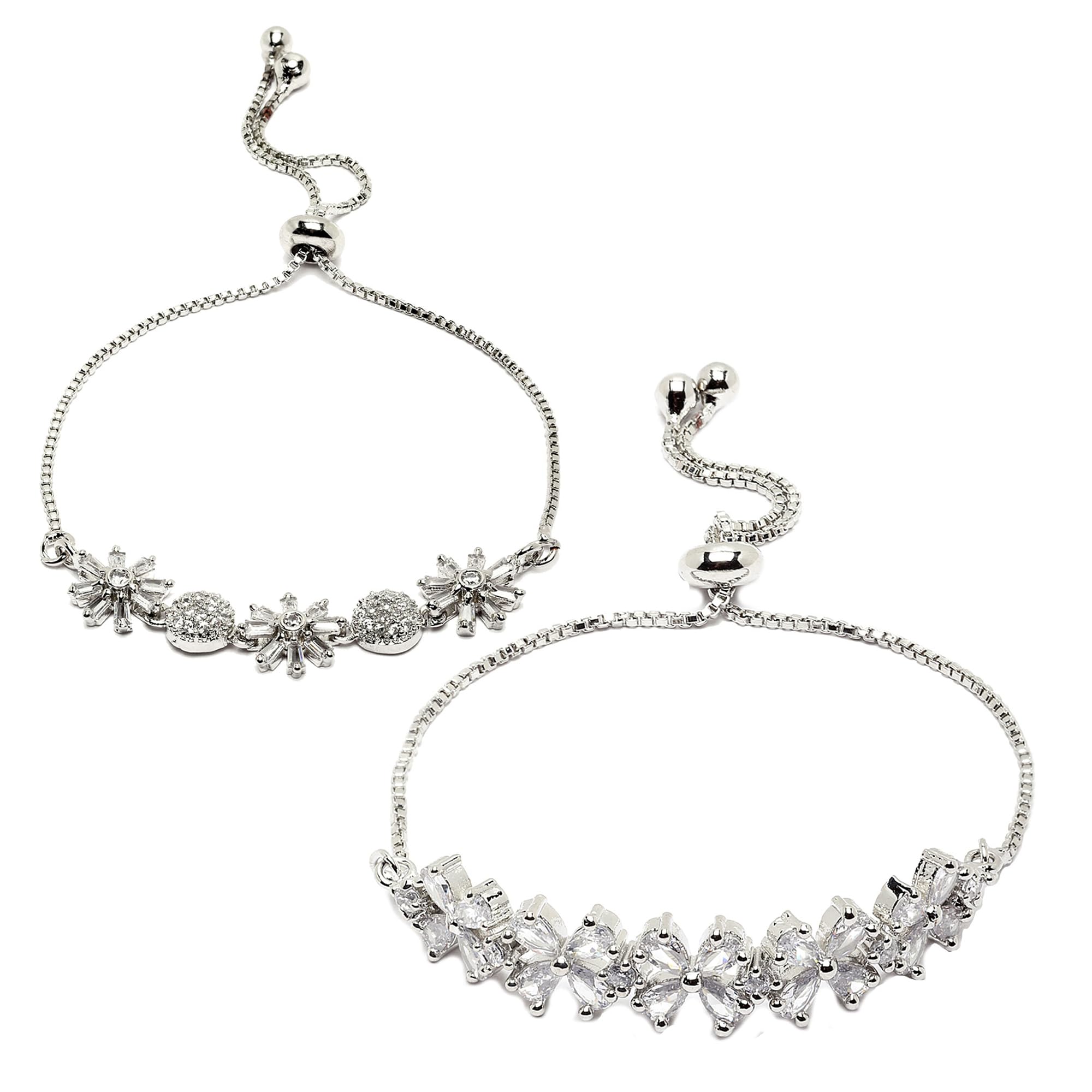 ZENEME Rhodium Plated American Diamond Studded Silver Plated Adjustable Chain Set Of 2 Bracelet For Women & Gift For Girls (Floral Rhodium Radiance White Bracelets) (B0D8LF8YSN) Amazon Price History, Amazon Price Tracker