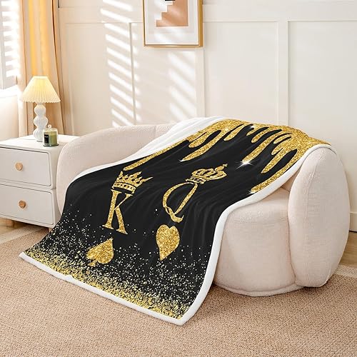Miniatura 3 de Manta de franela King y Queen, manta de vellón con corona para decoración de habitaciones, manta de lentejuelas doradas para sofá y sofá, manta