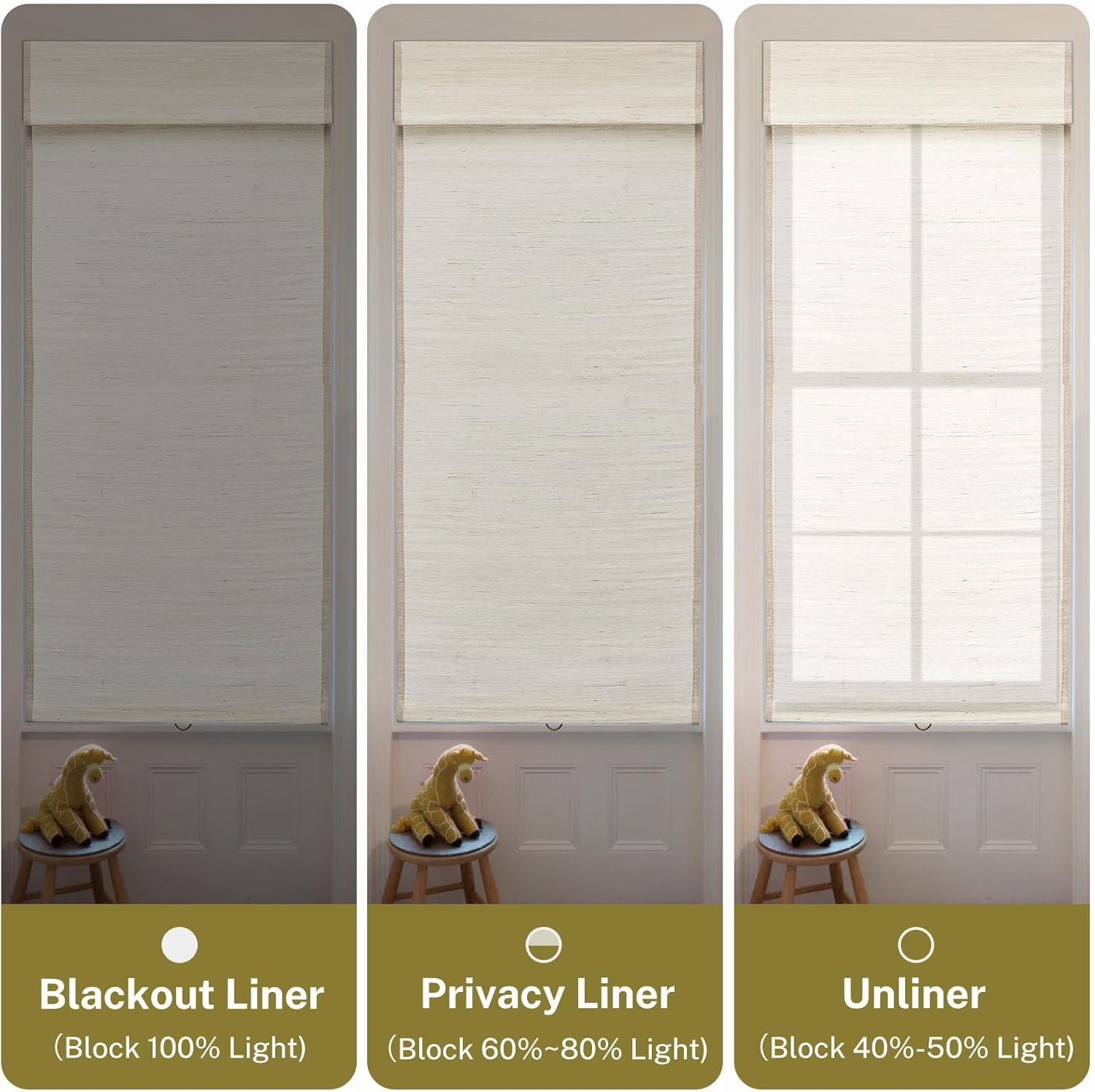No Tools No Drill Cordless Roman Shades for Window Blackout, Natural Woven Fabric Privacy Room Darkening Blinds, Thermal Insulated Easy Install Roman Blind Window Blinds Treatment, Beige