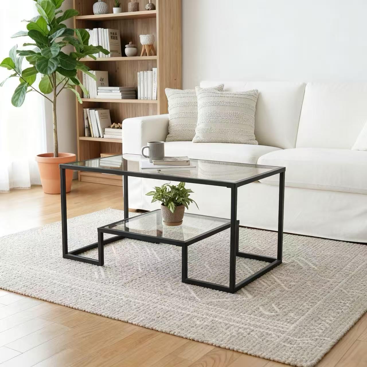 Alivio 2-Tier Modern Industrial Coffee Table with Metal Frame & Wooden Top – Dual Storage Shelves, Sturdy Center Table for Living Room, Home & Office (Transparent)