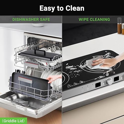 Miniatura 4 de AMZCHEF Placa de cocción de doble inducción con plancha extraíble antiadherente, 1800 W, 2 zonas de cocción, estufa de inducción portátil con sensor