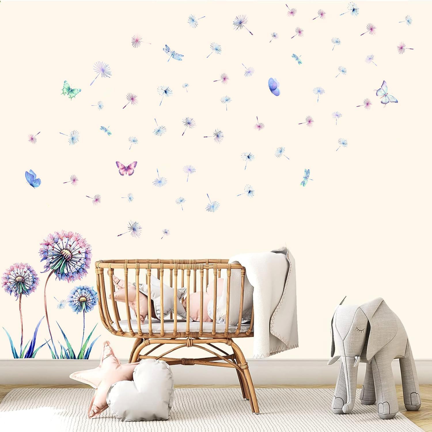 LHIUEM Blue Dandelion And Butterfly Wall Decal, 8x10 Inch, Vinyl, For Walls, Living Room, Bedroom, Girls Room, Funny Style, Floral Pattern