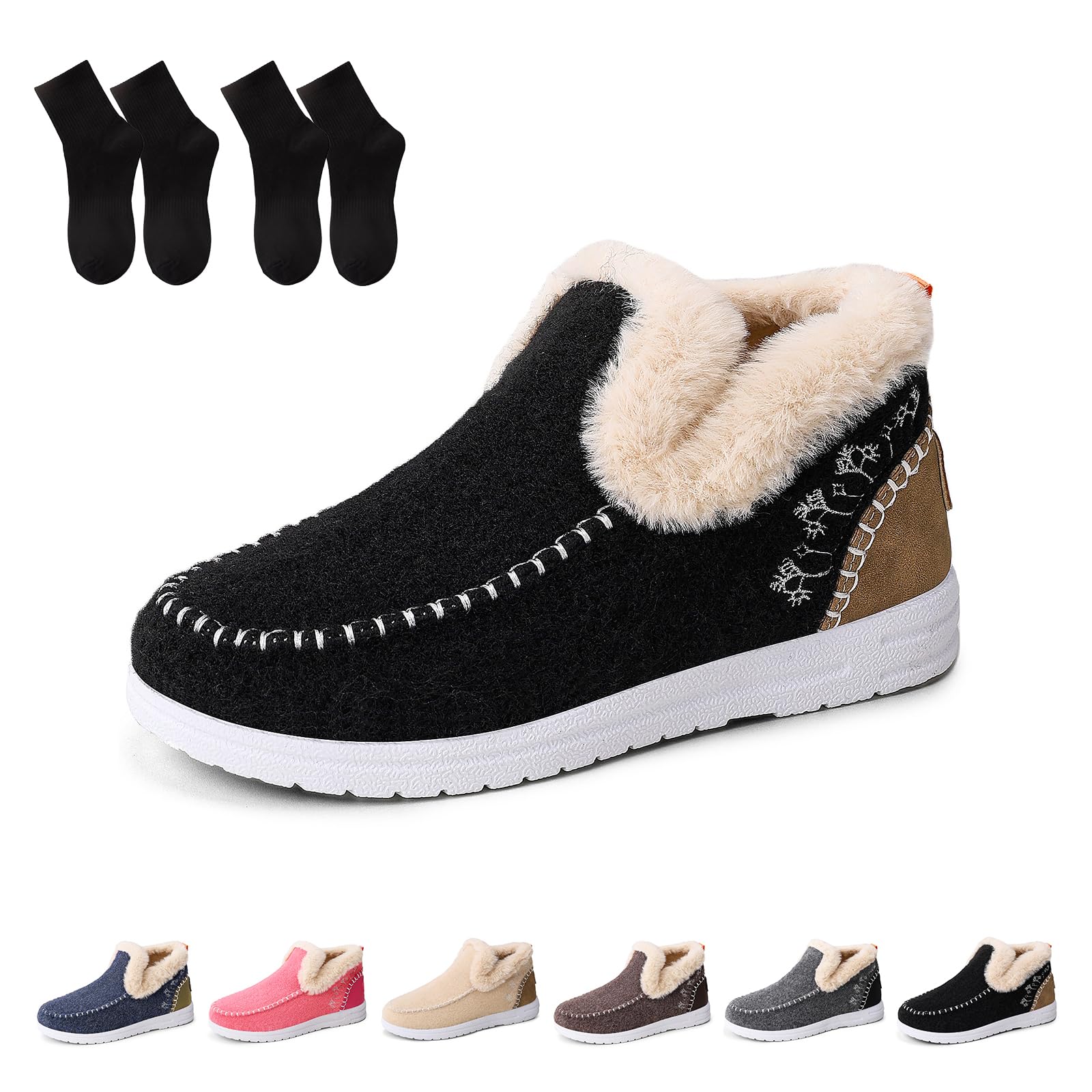 Womens Winter Snow Boots Fuzzy Lined Winter House Shoes Winter Snow Boots Warm Fuzzy Faux Fur Collar With