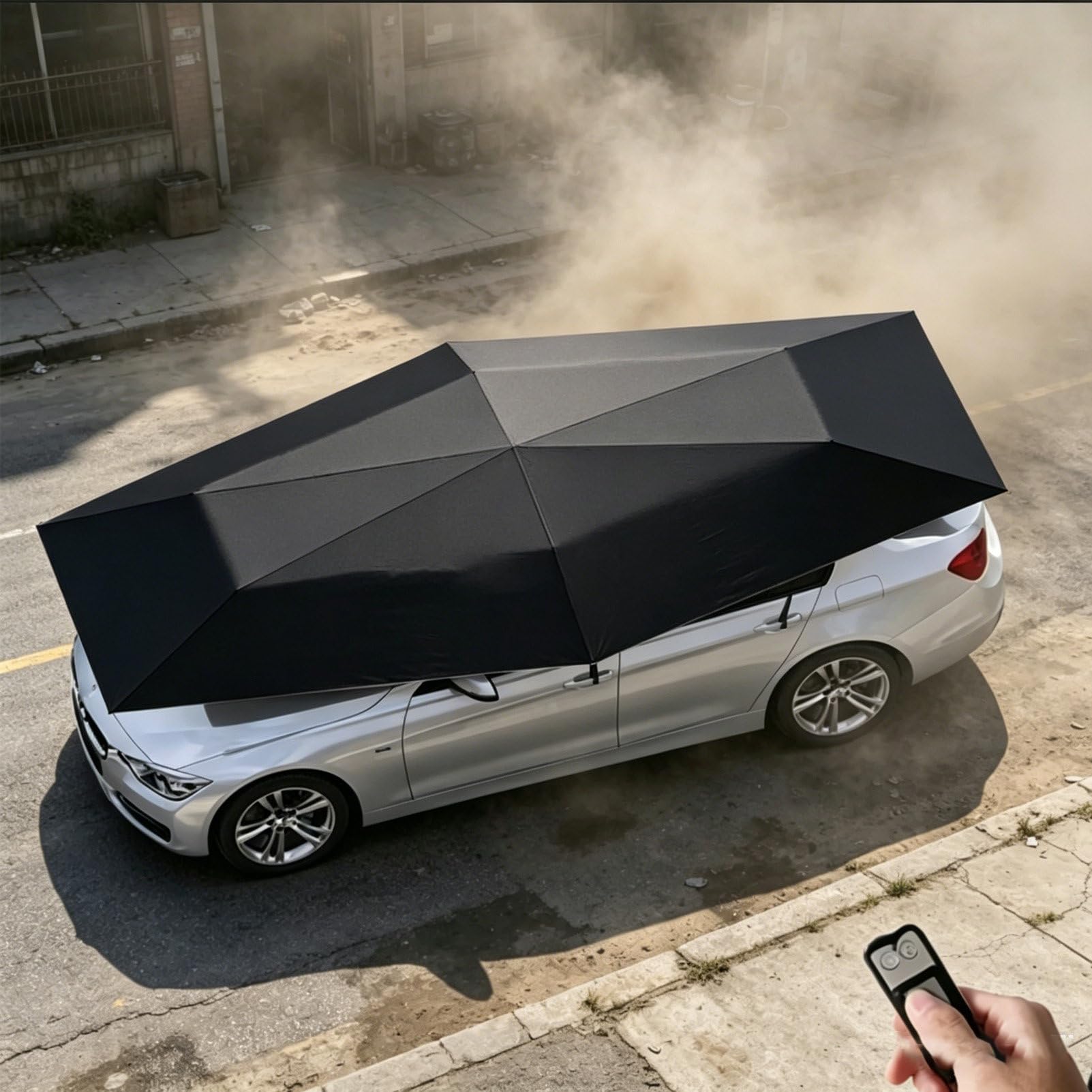 Pvxa 2-in-1 automatic carport and outdoor umbrella, Fully Automatic Car Umbrella with Remote Control, One-touch Folding Car Roof Tent, for Most Vehicles Black-5.2M