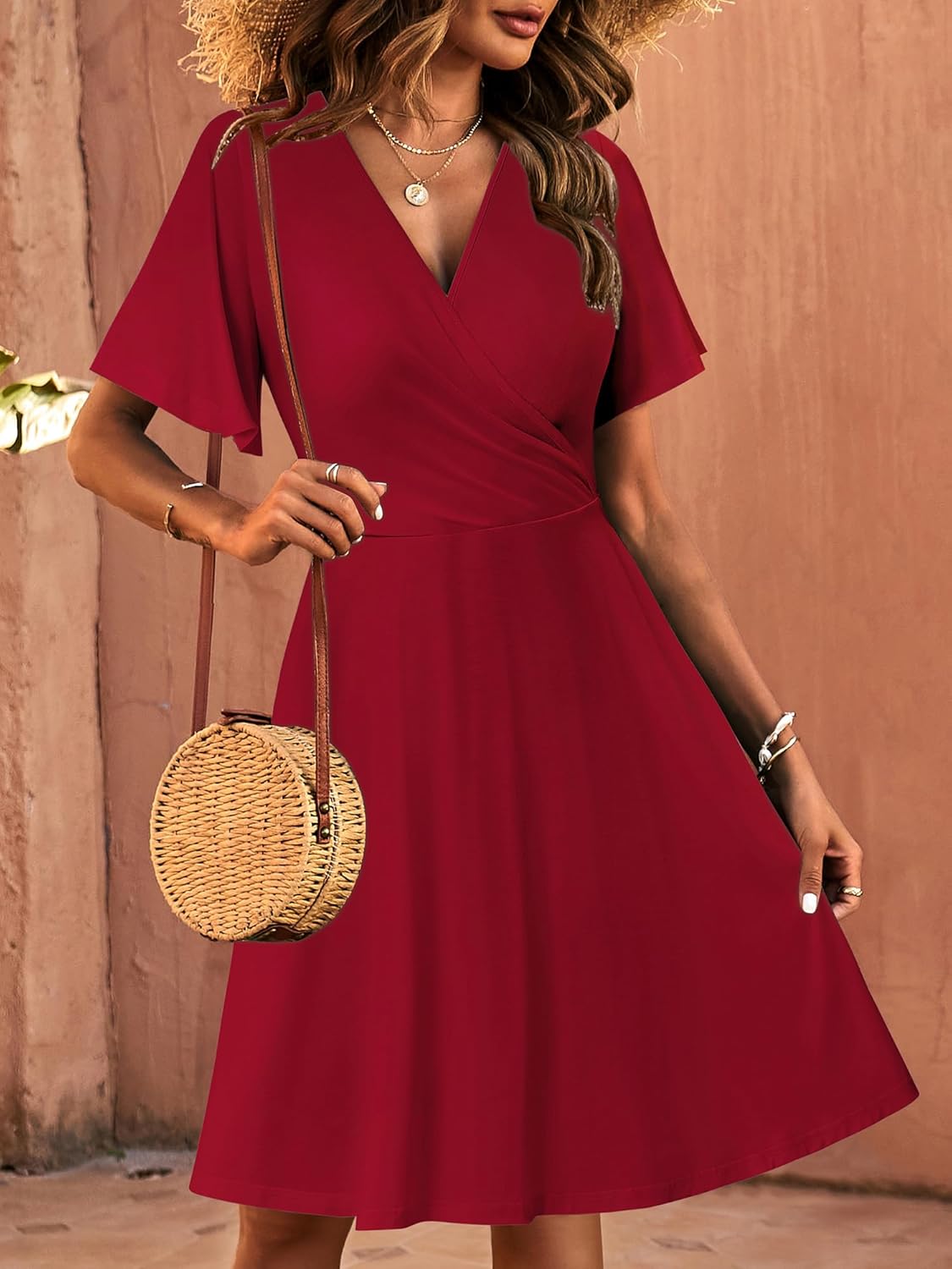 FENSACE Womens Sundress Summer Floral Short Sleeve Wrap V Neck A-Line Midi Dress