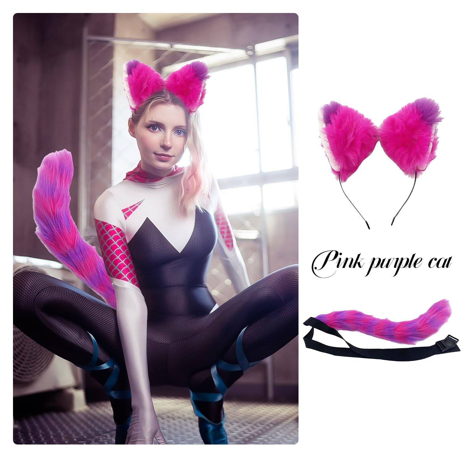 Nereds 2pcs Pink and Purple Striped Cat Costume Cat Ears Hair Headband Furry Tail for Adults Cosplay Party Accessories Supplies - Image 3