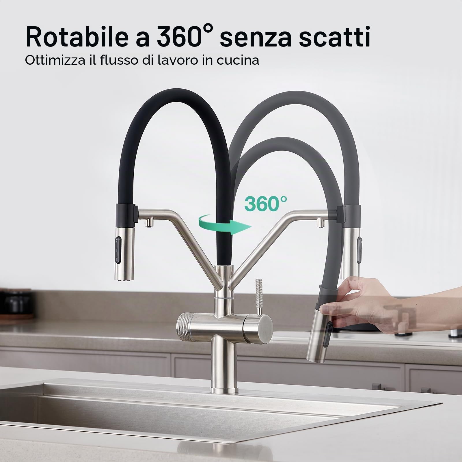 Faustina Miscelatore da cucina a 4 vie smontabile, doppia leva con sistema a osmosi per acqua potabile, rubinetto per lavello con tubo flessibile in silicone nero