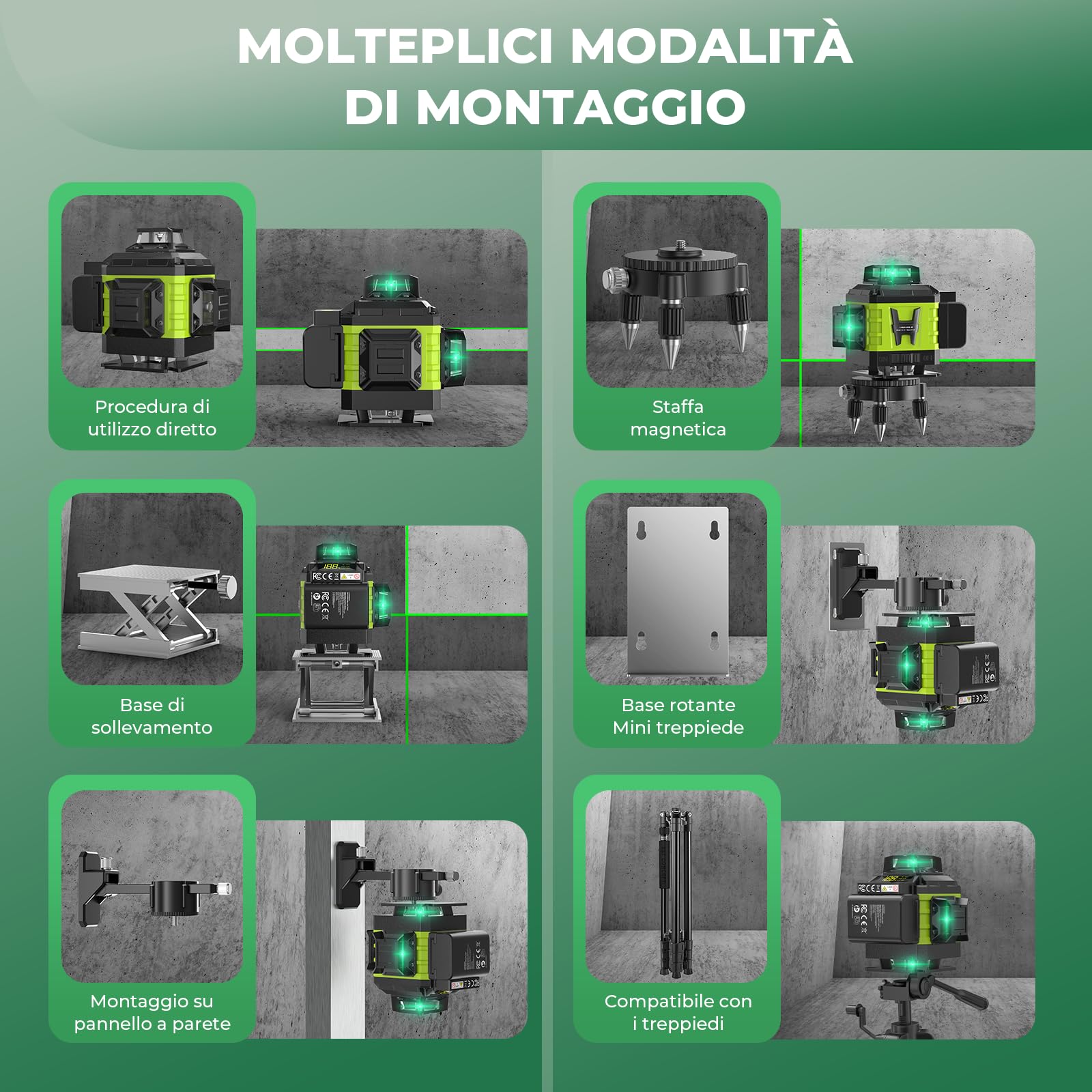 Livella Laser Autolivellante 16 Linee con Treppiede, 4 X 360 °Livello Laser Autolivellante Verde, 2 x Batterie, Autolivellante, Supporto rotante, Telecomando