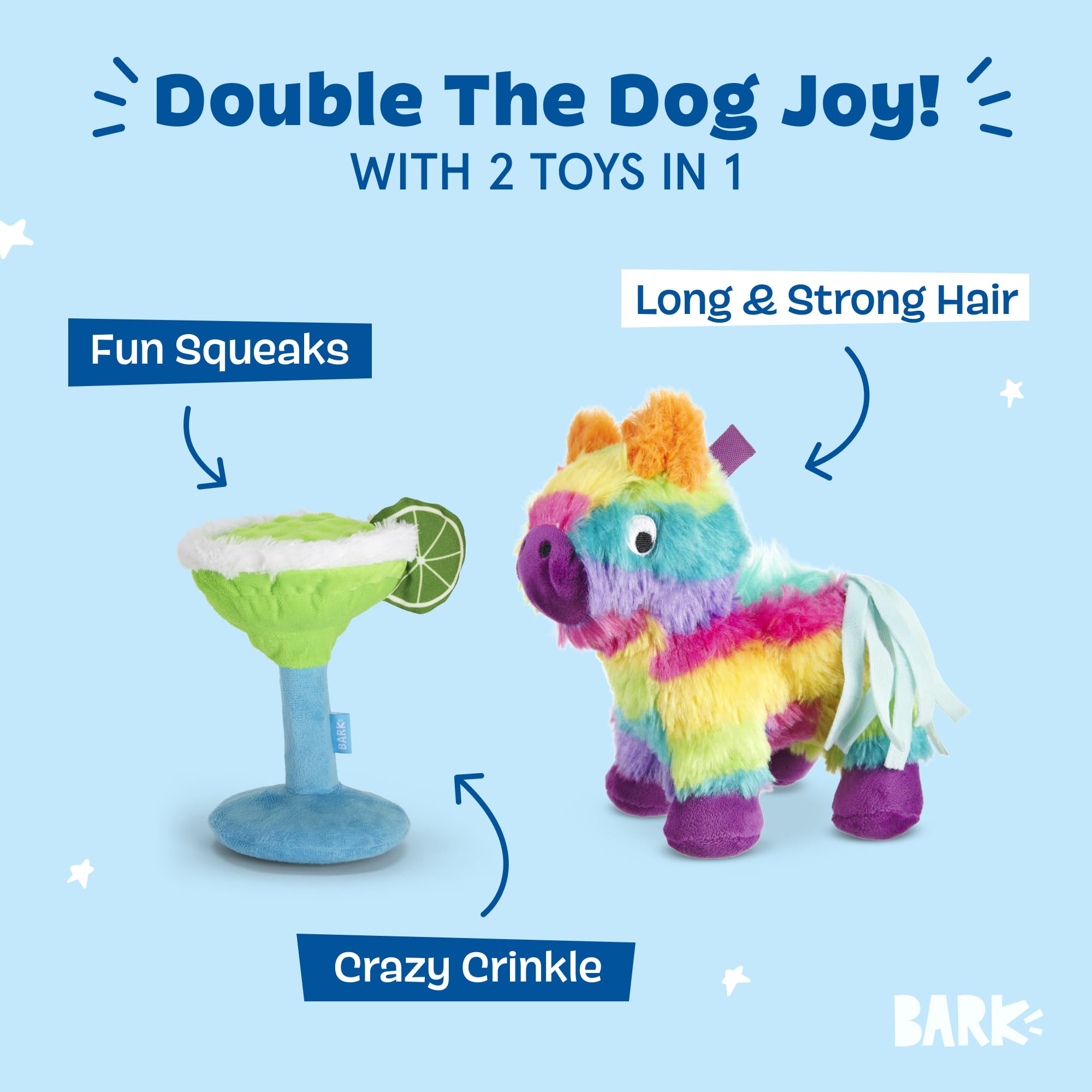 Barkbox Fiesta Party Bundle - Quietschendes Hundespielzeug - Plüsch-Kauspielzeug - Welpen- und Haustierspielzeug für kleine Hunde - Full O' Fluff Pinata & Muy Quietschende Margarita