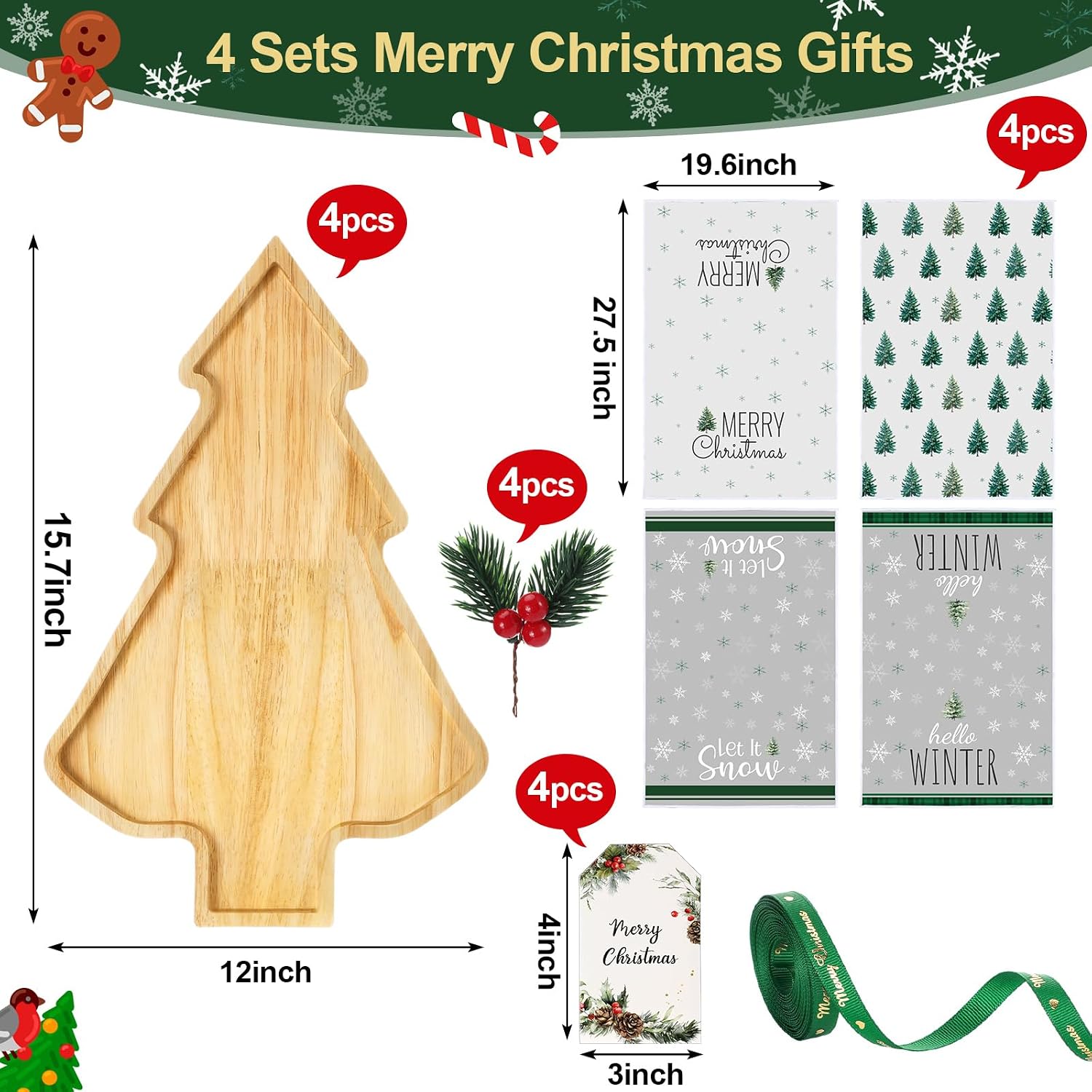 4 Set 15.7in Tree Christmas Cutting Board Bulk Kitchen Gift Set