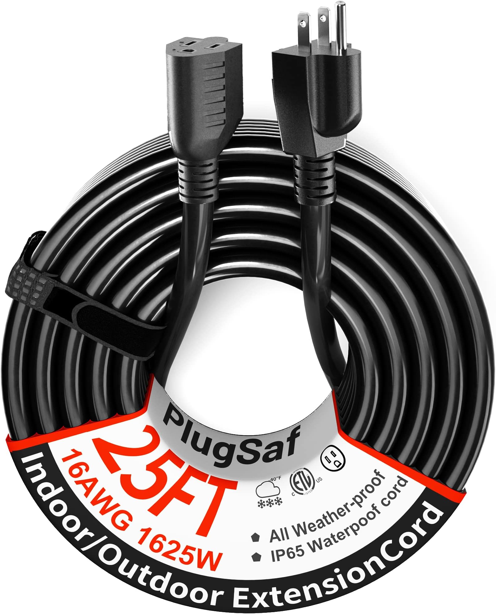 PlugSaf Black Outdoor Extension Cord 25 ft 16/3 Gauge Waterproof, Cold Weatherproof -58°F, Flame Retardant, Flexible 3 Prong Heavy Duty Electric Cord for Lawn Office,13A 1625W 16AWG SJTW, ETL Listed