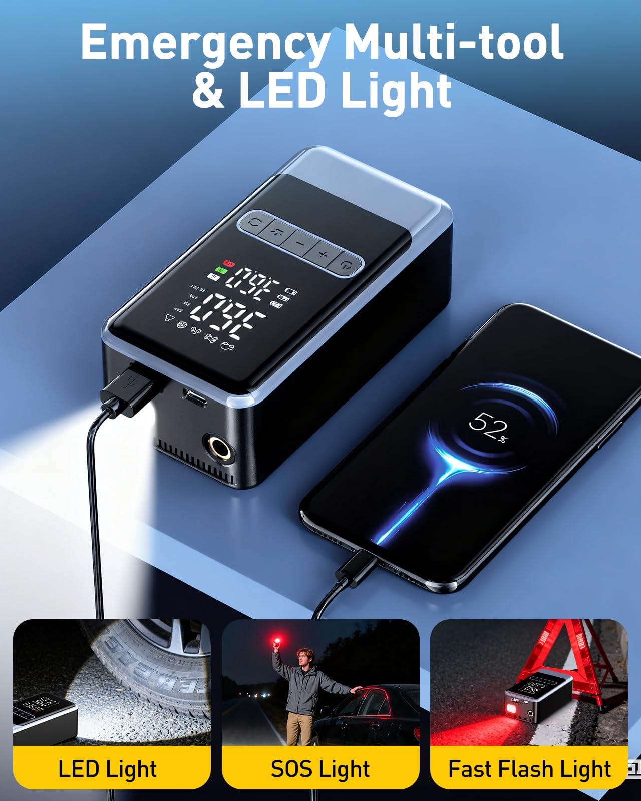 Tire Inflator Portable Air Compressor, 150PSI Cordless Air Pump for Car Tires, Electric Bike Tire Pump with Digital Pressure Gauge and LED Light, Portable Tire Inflator for Car, Moto, Bicycle