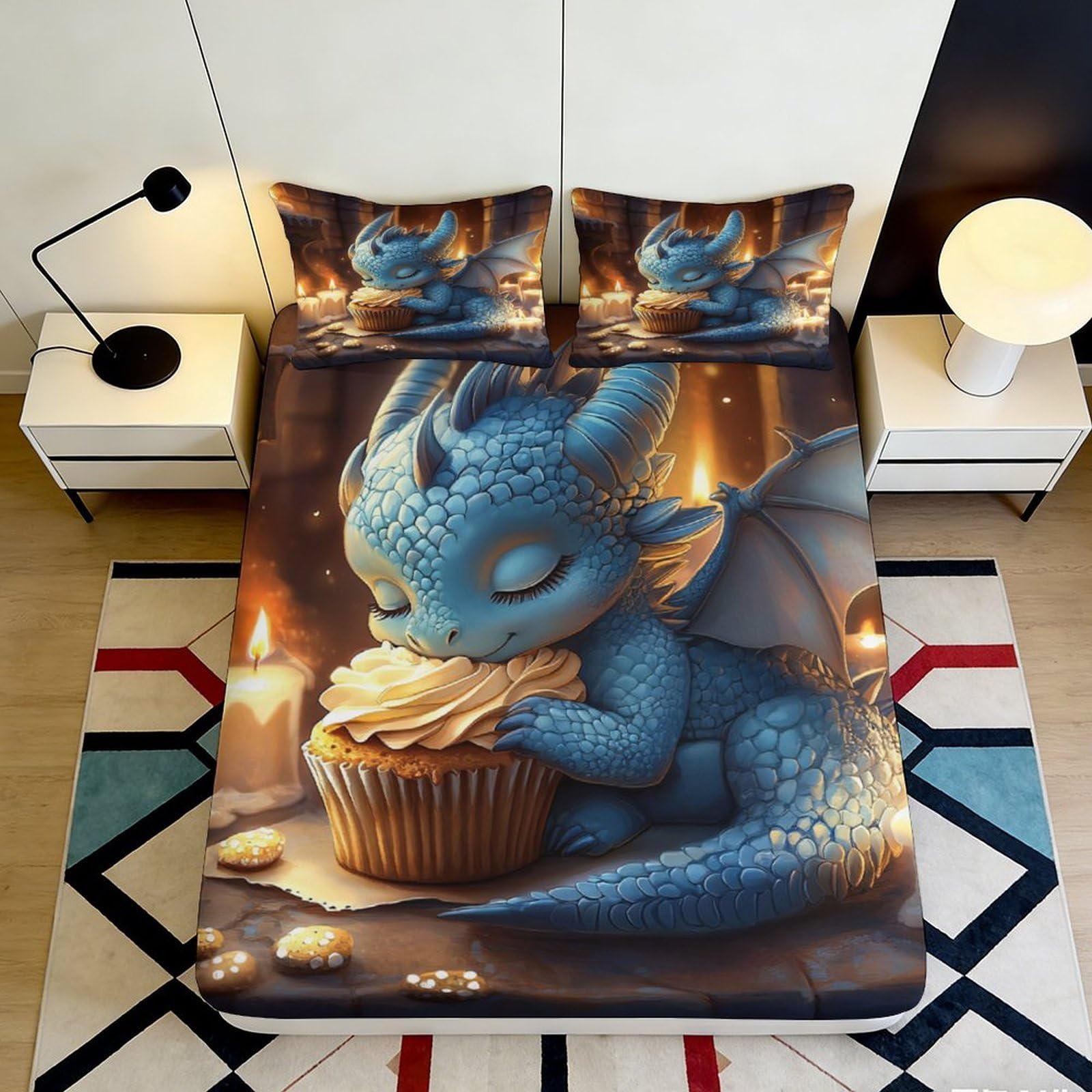 3D Printed Dragon Candlelit Fitted Sheet Microfiber Deep Pocket Bedroom Bedding Washable Dragon Mattress Fitted Cover 200x200x25cm 90x200x25cm