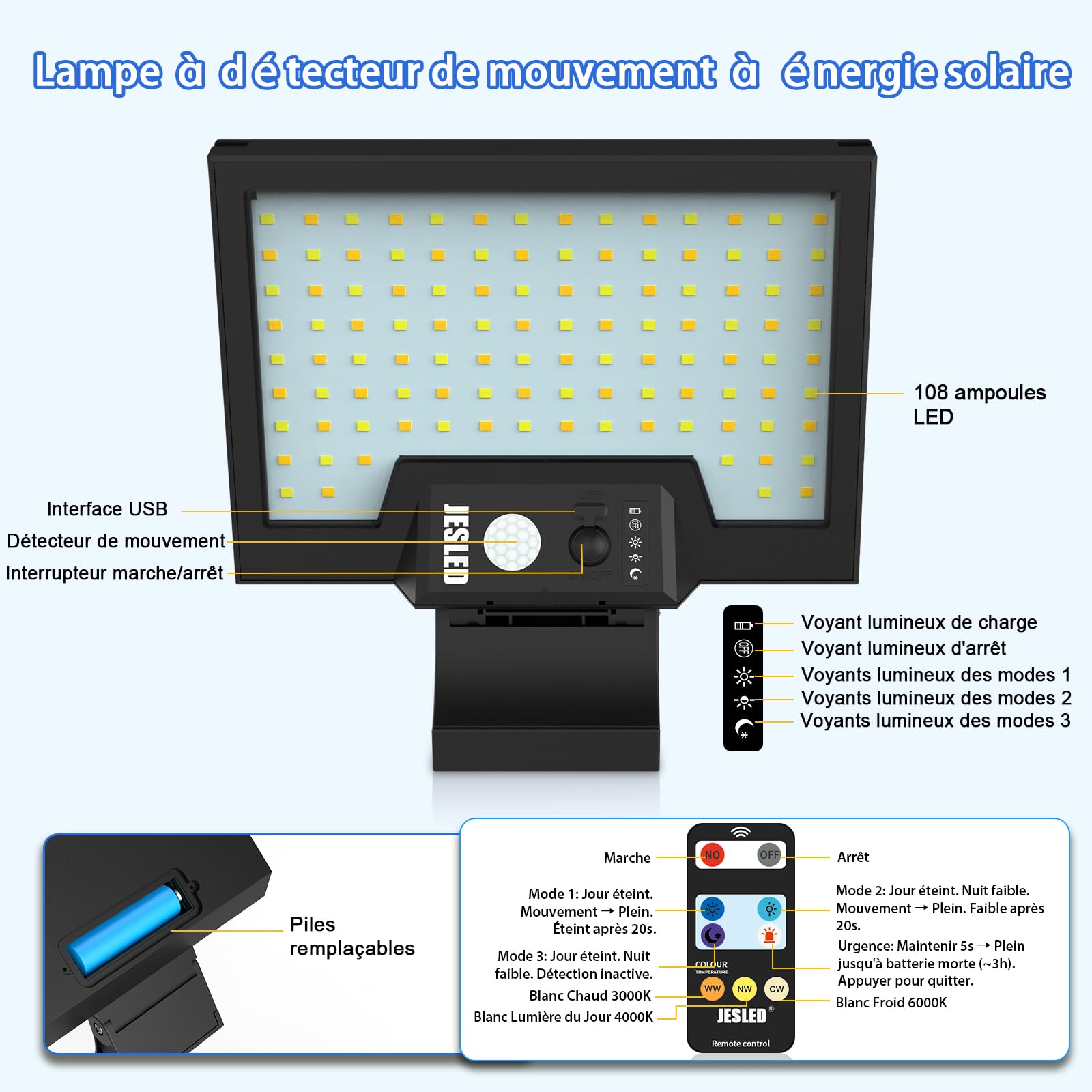 JESLED Lampe Solaire Extérieur avec Télécommande pour Jardin 3 températures de couleur De Mouvement, 2600mAh, 4 Modes, Applique Murale De Sécurité étanche Sans Fil, 4 Paquet