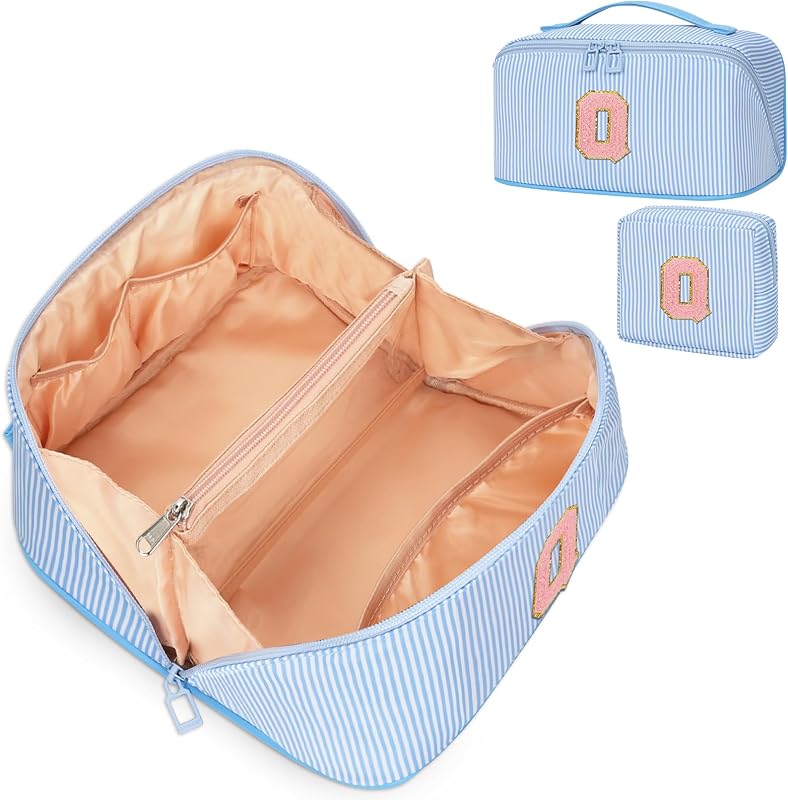 Bagmoly Conjunto com 2 necessaires de maquiagem personalizadas com inicial, Azul Q