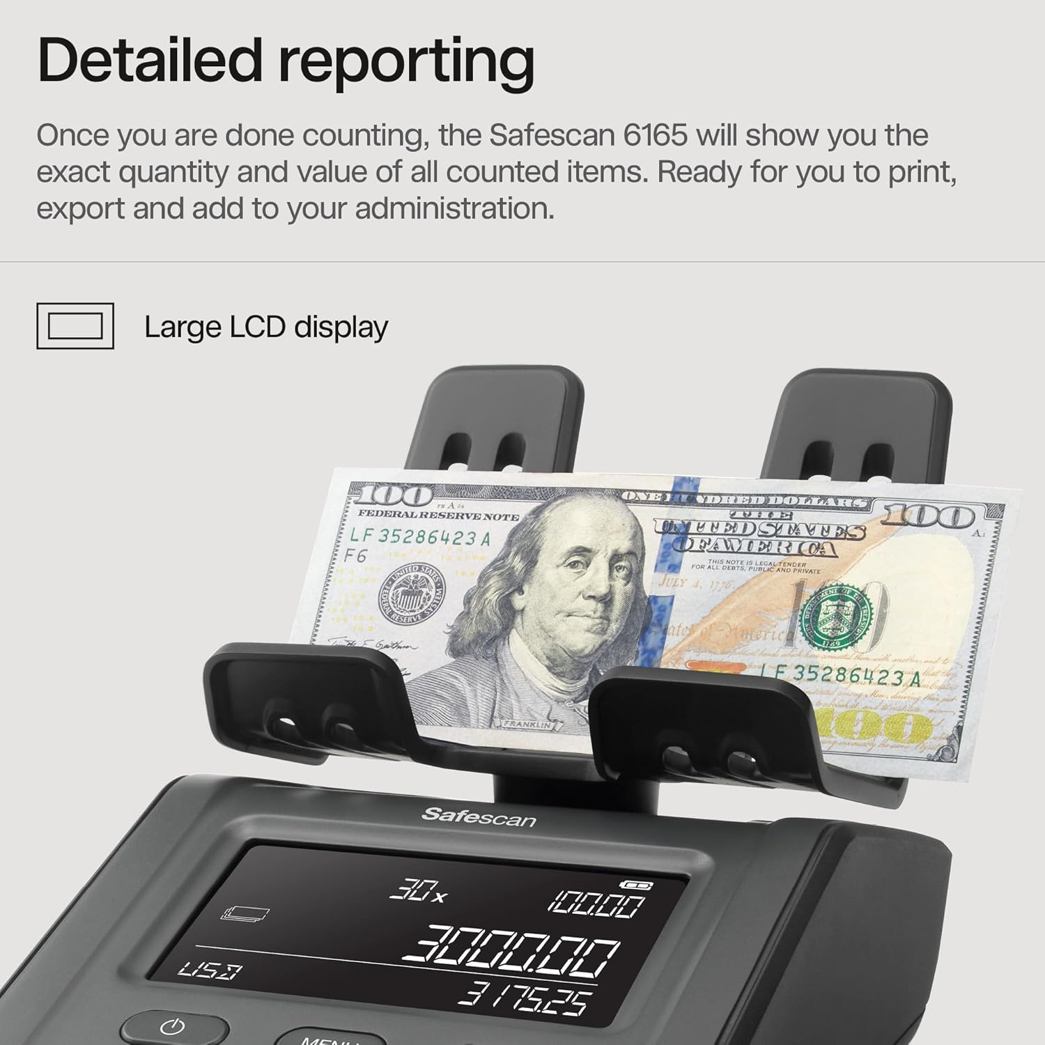 Close-up of Safescan 6165 display showing detailed counting results
