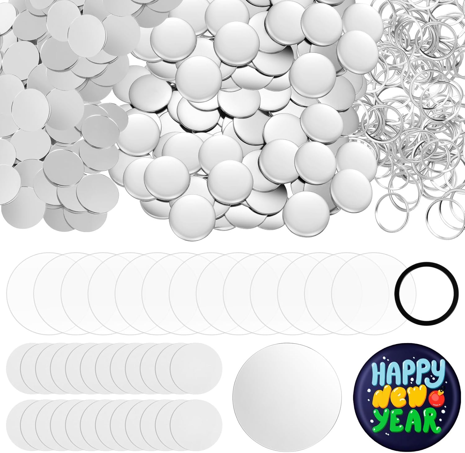 100 Sets of 2.25 Inch/58mm Button Making Mirror Supplies, Blank Round Buttons Supplies for Button Making, Includes Tinplate Top Cover, Mirror Bottom, Circle, Plastic Film(Metal Lens Ring)