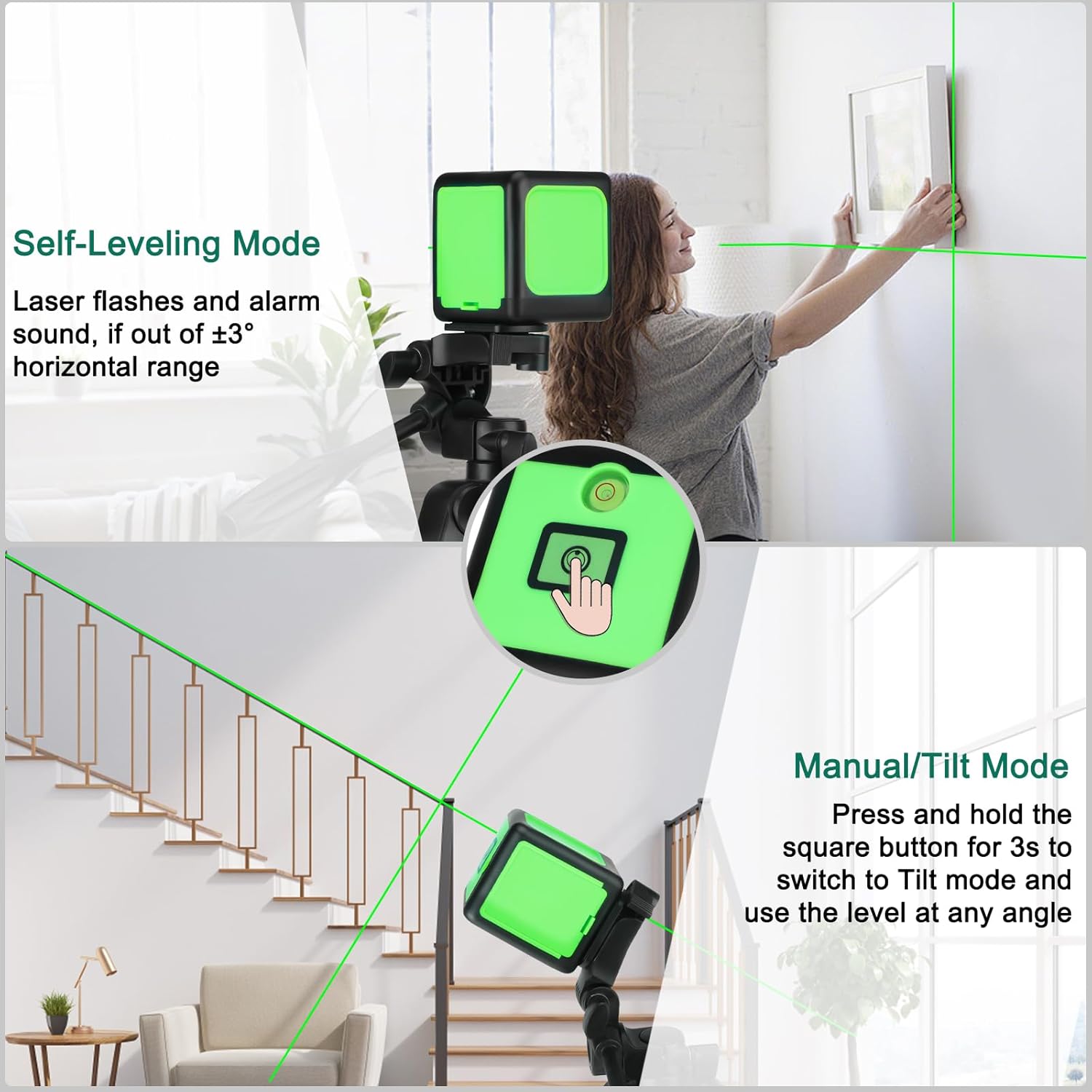 100Ft Self-Leveling Laser Level, 4 Brightness Adjustment, Manual/Self-Leveling Mode, Cross Line Laser Level for Picture Hanging, Tiling, DIY & Construction, Magnetic Bracket + Battery Included
