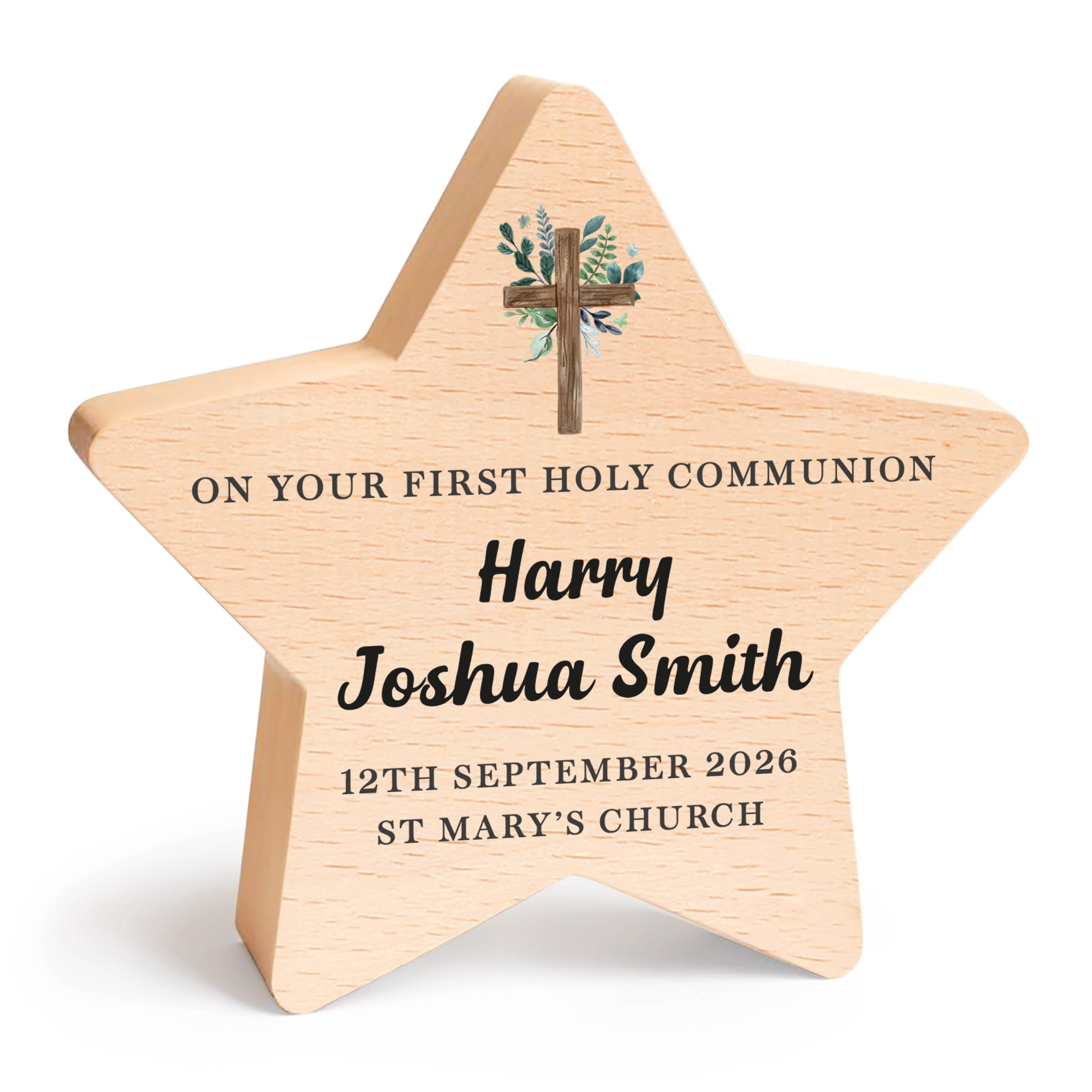 Beecreative On Your First Holy Communion Gift, Personalised 1st Holy Communion Keepsake, Gift For Godson Goddaughter, Wooden Star With Grey Bag