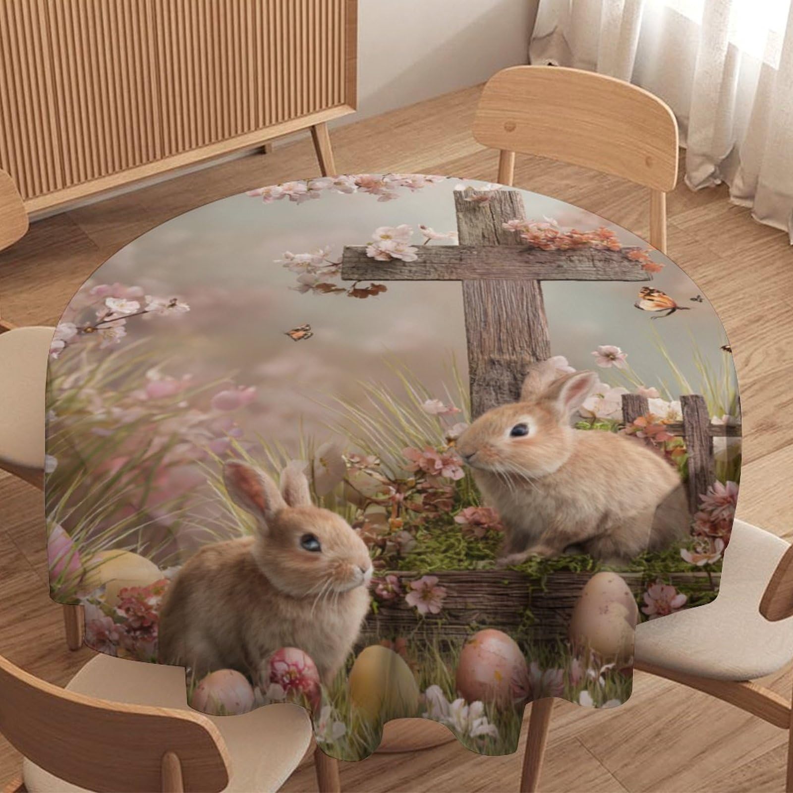 LUYYSKY Funny Realistic Spring Garden Print Waterproof Round Tablecloth Modern Aesthetic Easter Flowers Colorful Eggs Animal Rabbit Washable Table Cover for Kitchen-152.4" Wx152.4 L cm