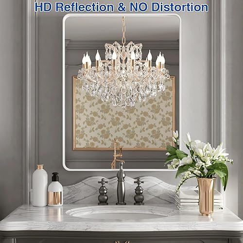Miniatura 2 de WEER Espejo de baño blanco de 24 x 32 pulgadas, espejo rectangular redondeado con marco de metal blanco, espejo de tocador de baño blanco mate con