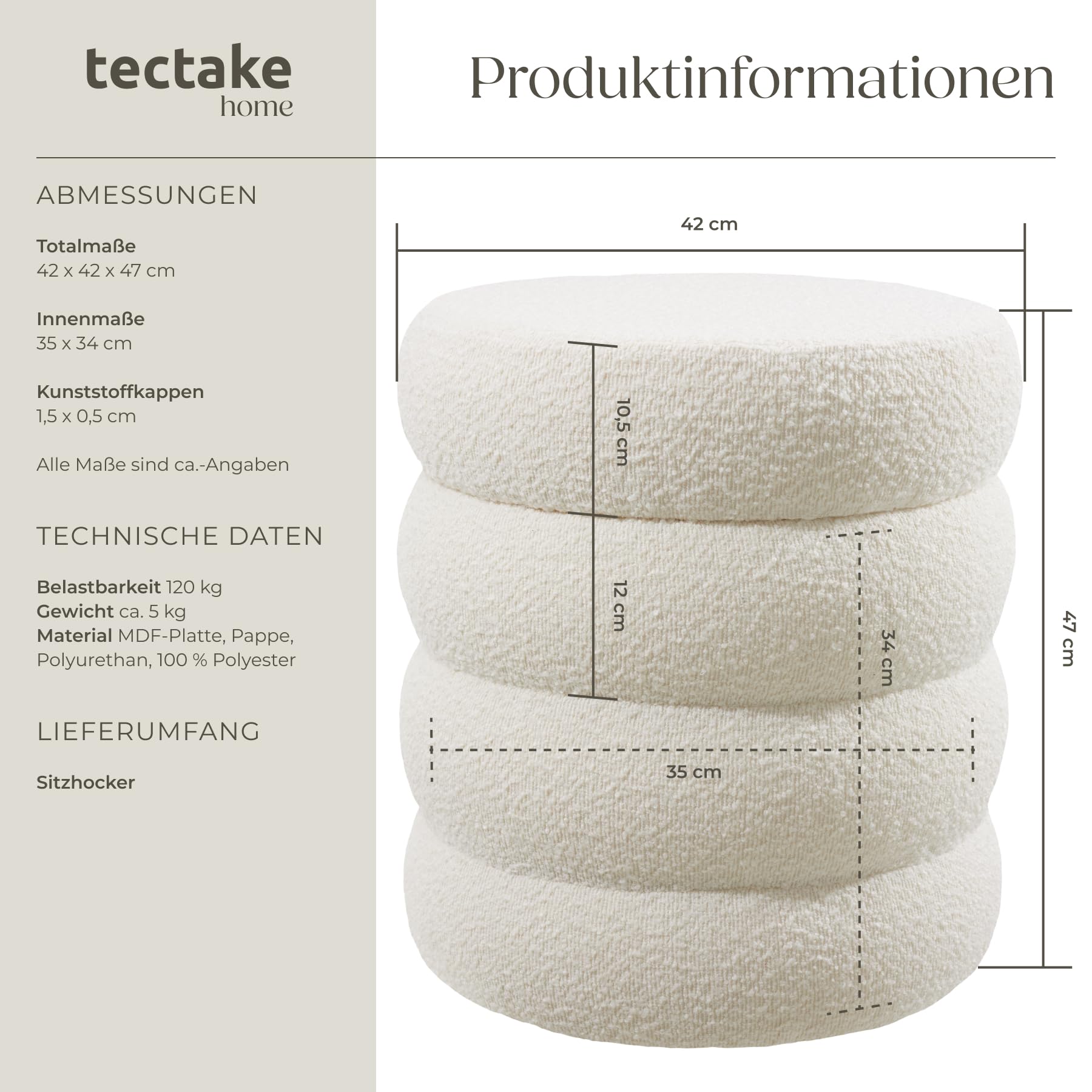 tectake® Hocker mit Stauraum, Scandi Sitzhocker Bouclé Teddy Stoff, Pouf, Polsterhocker rund für Schminktisch, Wohnzimmer Möbel, als Flur Möbel, Stauhocker Wohnen, Ø 42 x 47 cm - Bouclé Creme-weiß
