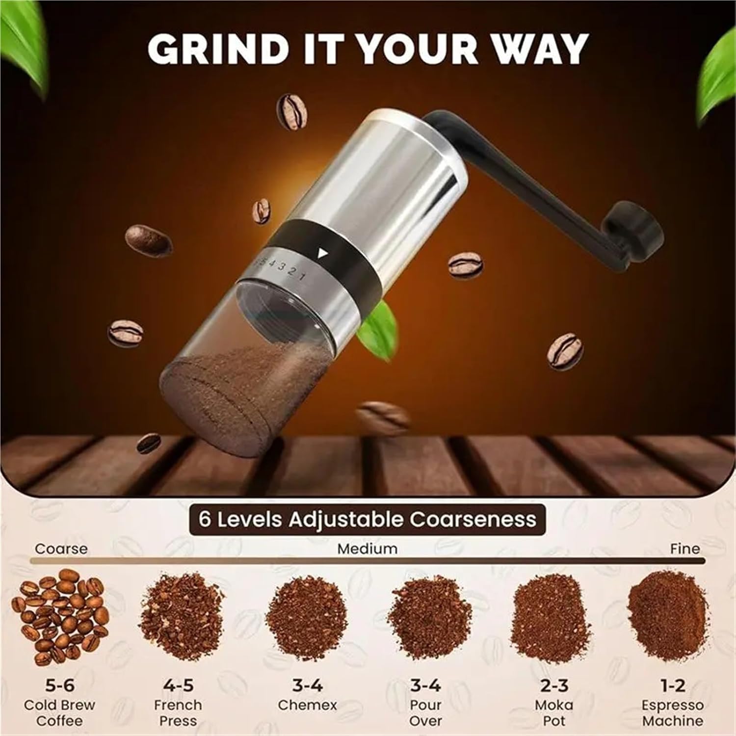 Manual Coffee Grinder with Conical Burr, Adjustable Hand Bean Mill