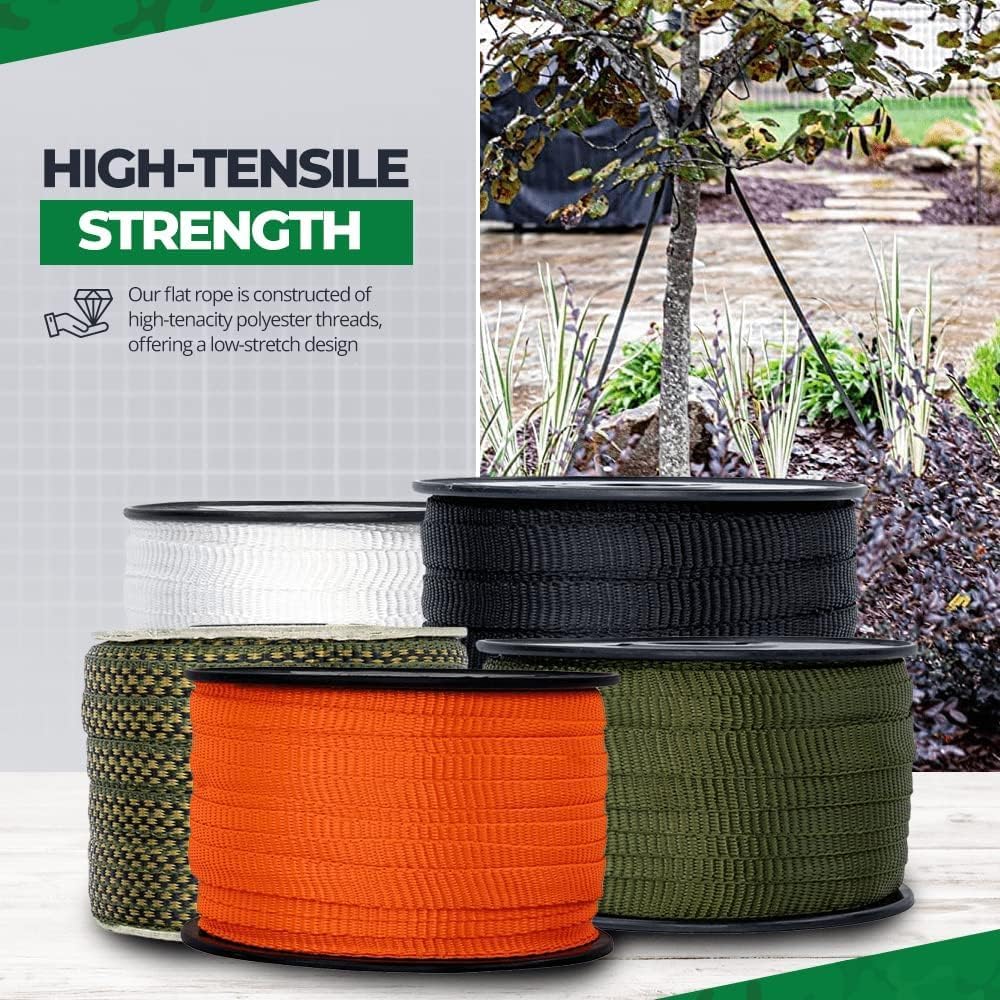 Polyester Webbing - Durable Flat Rope, Rapid Rope, Wire Pulling Rope - Heavy-Duty, All-Weather Pull Tape for Gardening, Hiking, Camping, Survival, and Commercial (5/8" x 500ft, Camo)