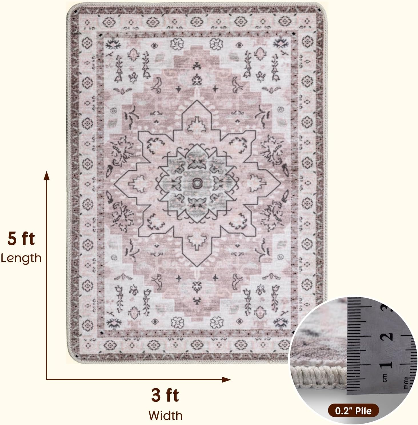 LBRO2M Boho Rug for Entryway Indoor Washable Rugs 3X5 Front Door Carpet Pink Non Slip Throw Rug, Small Rug for Bathroom Kitchen Rugs Pet Friendly Area Rugs Low Piles (3'X5' Pink)