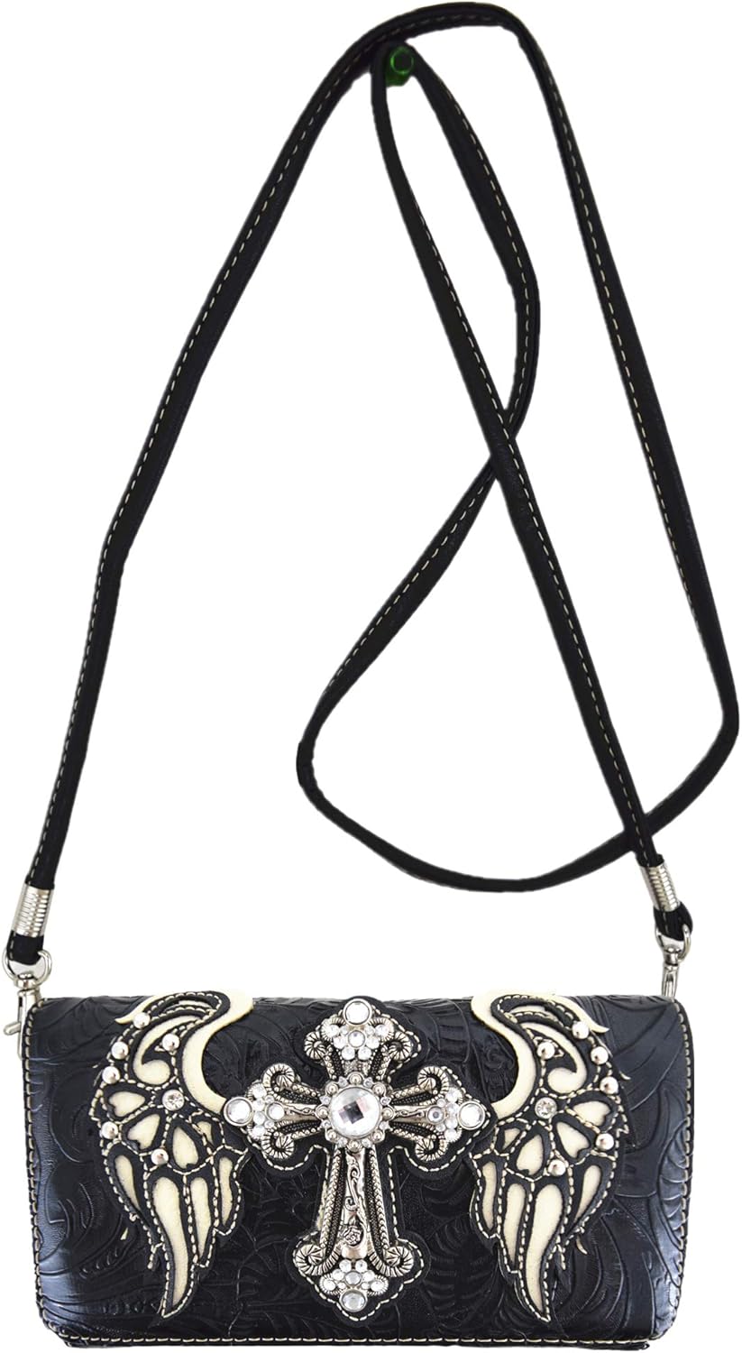 Western Style Rhinestone Cross Studded Laser Cut Wings Tooled Leather Purse Women Handbags Country Shoulder Bag Wallet Set - Image 5