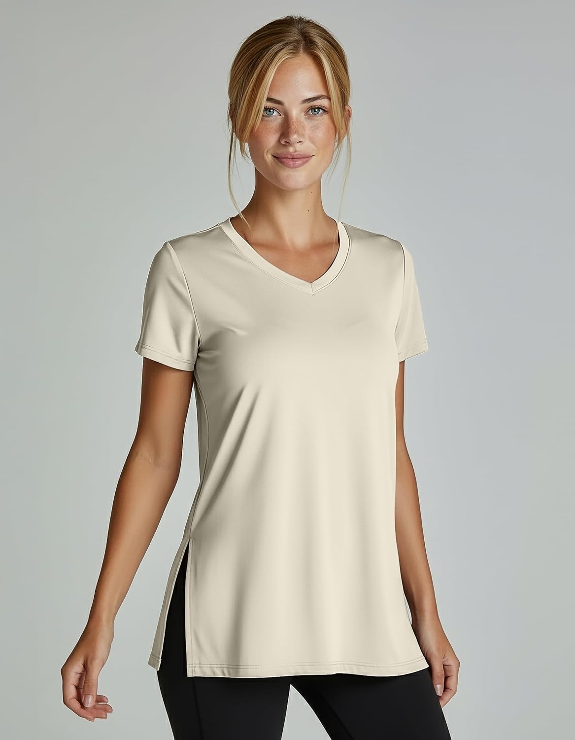 Real Essentials 5 Pack: Women's Short Sleeve Split Hem V-Neck T-Shirts, Athletic Tops, Gym, Workout, Yoga, Activewear (Plus)