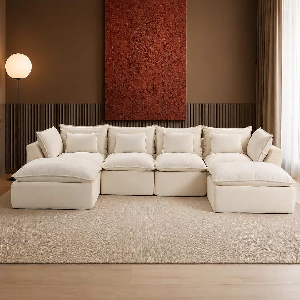 130 Inch Boneless Cloud Couch with 2 Ottomans, Compressed 4 Seat Modular Sectional Sofa, Fully Foam Couch for Large Living Room, Waffle Knit Fabric, No Hard Frame Sofa with 6 Pillows, White