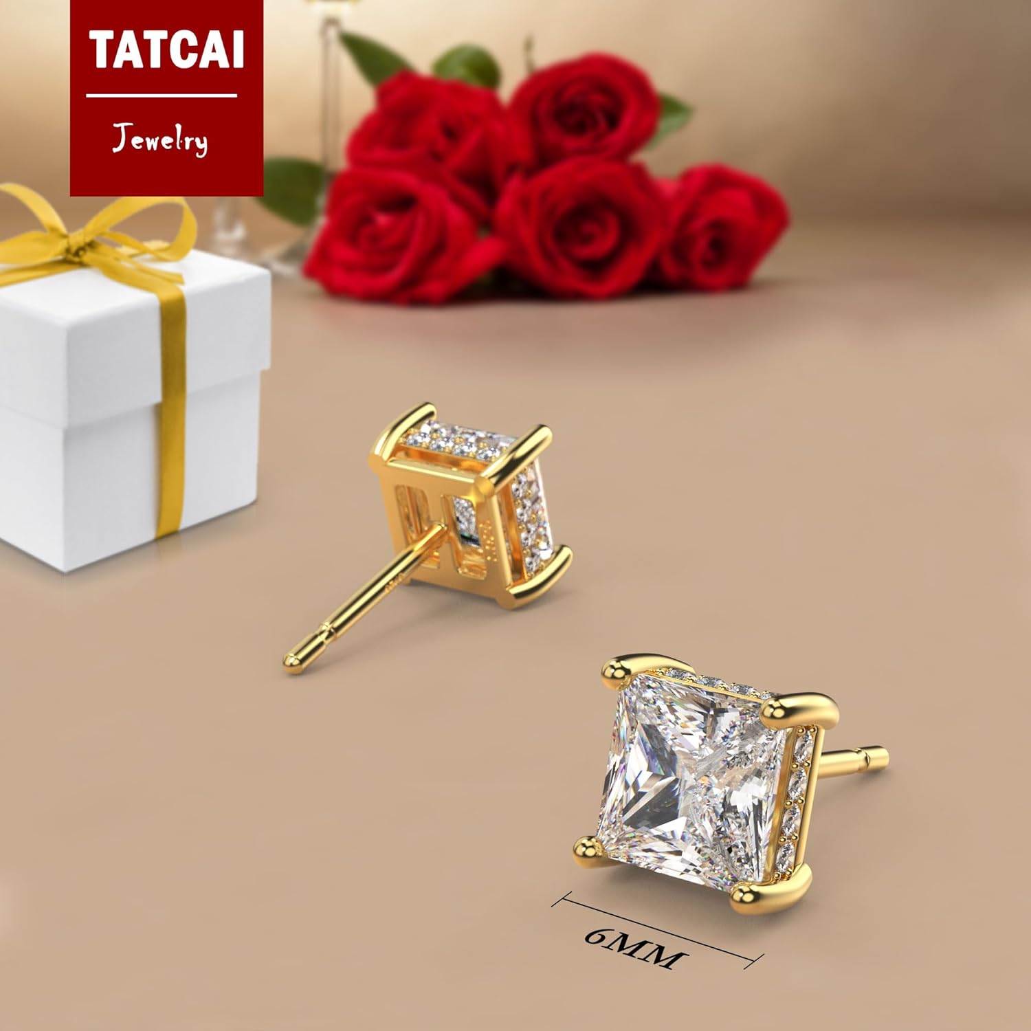 18K White Gold Plated Sterling Silver Princess Cut Square Cubic Zirconia Stud Earrings for Women Men Clear CZ Diamond Stud Earrings - Image 5